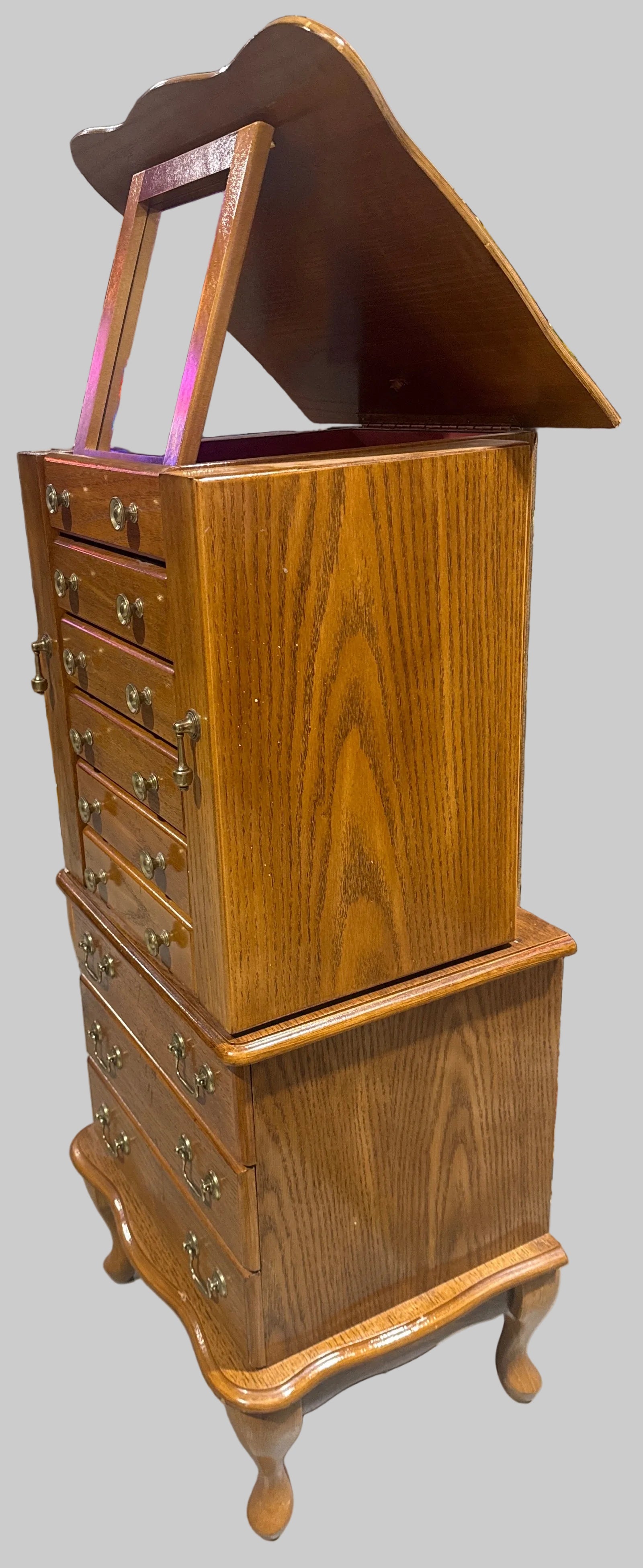 Queen Anne Style Oak Jewelry Chest, 42”H