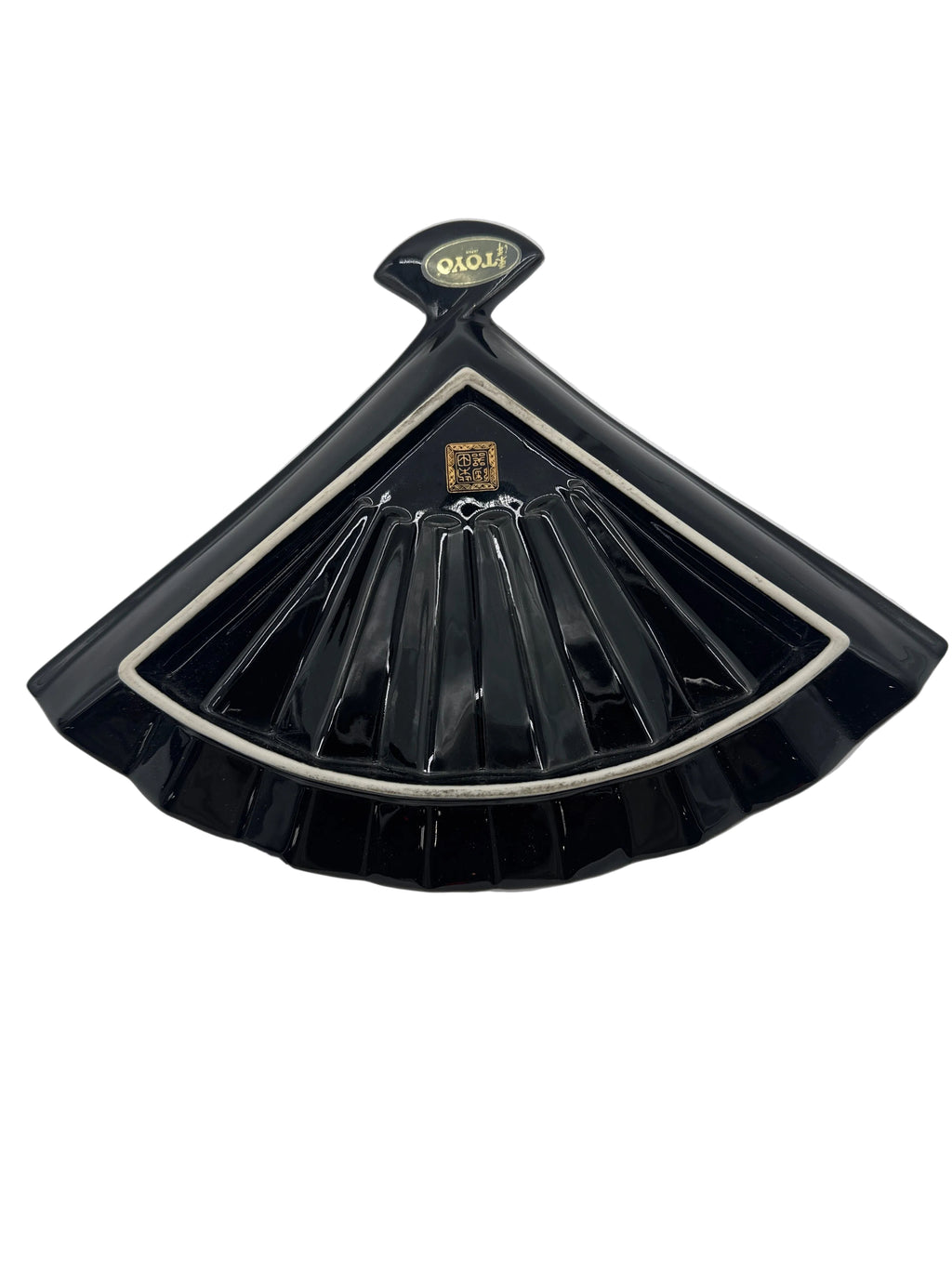 Vintage Japanese Black Porcelain Fan Plate or Trinket Dish-Toyo Japan
