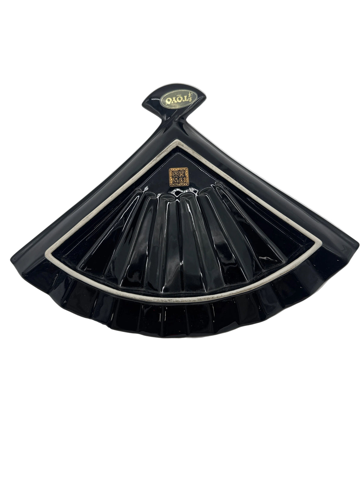 Vintage Japanese Black Porcelain Fan Plate or Trinket Dish-Toyo Japan