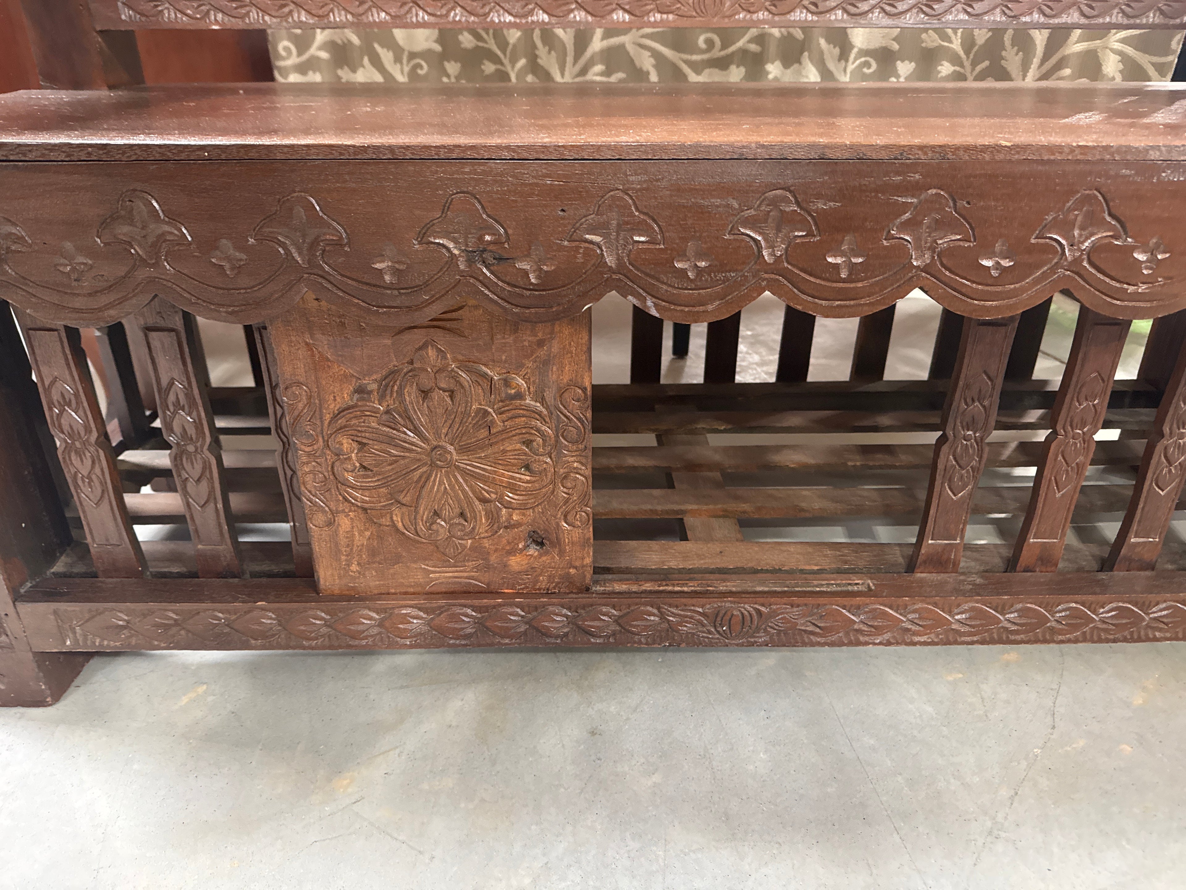 Vintage Large Hand Carved Thai “Porch” Bench with Small Storage Door Underneath-K