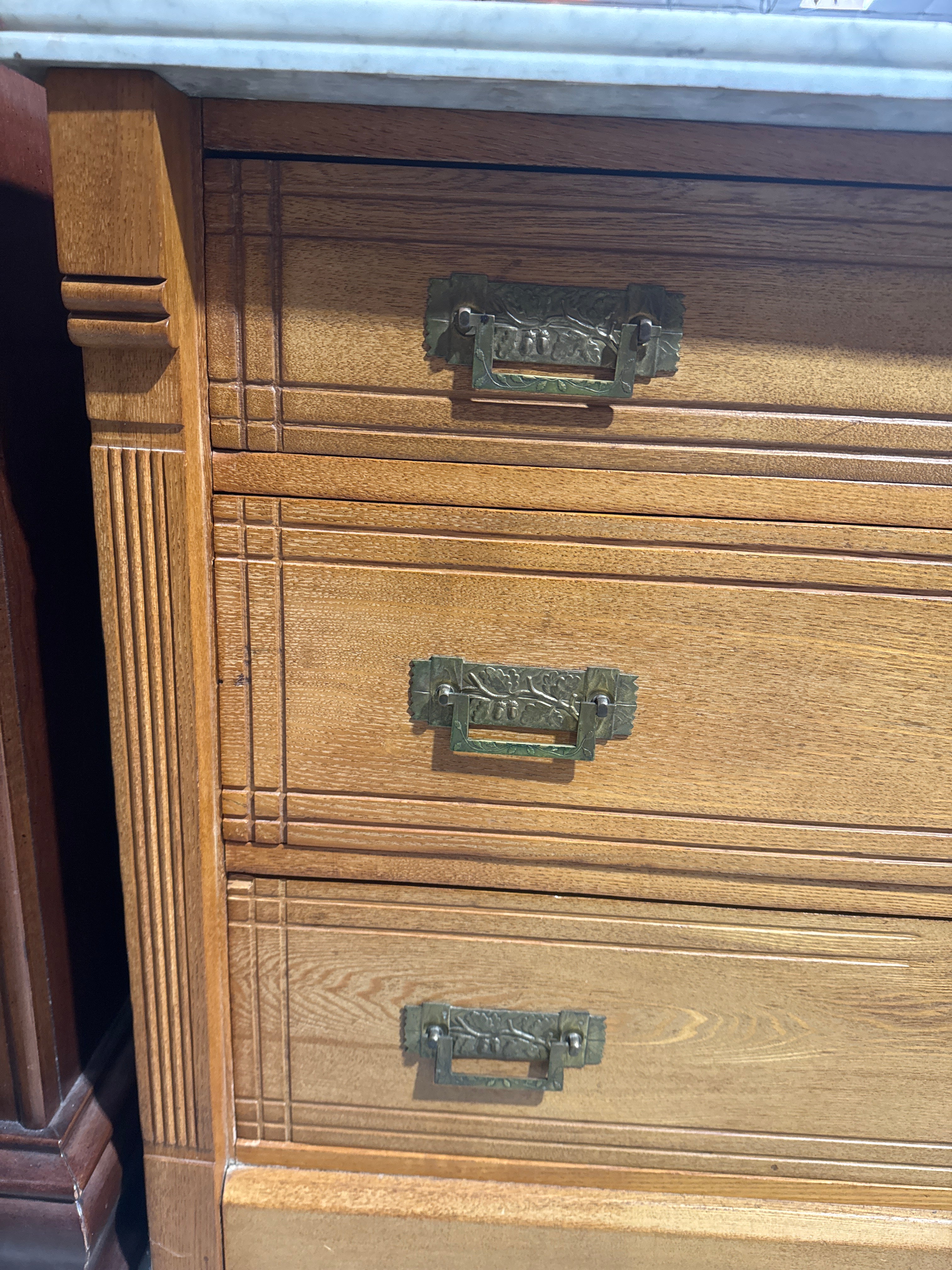 Vintage Campaign-Style 3 Drawer with Brass Hardware and a White Marble Top-K
