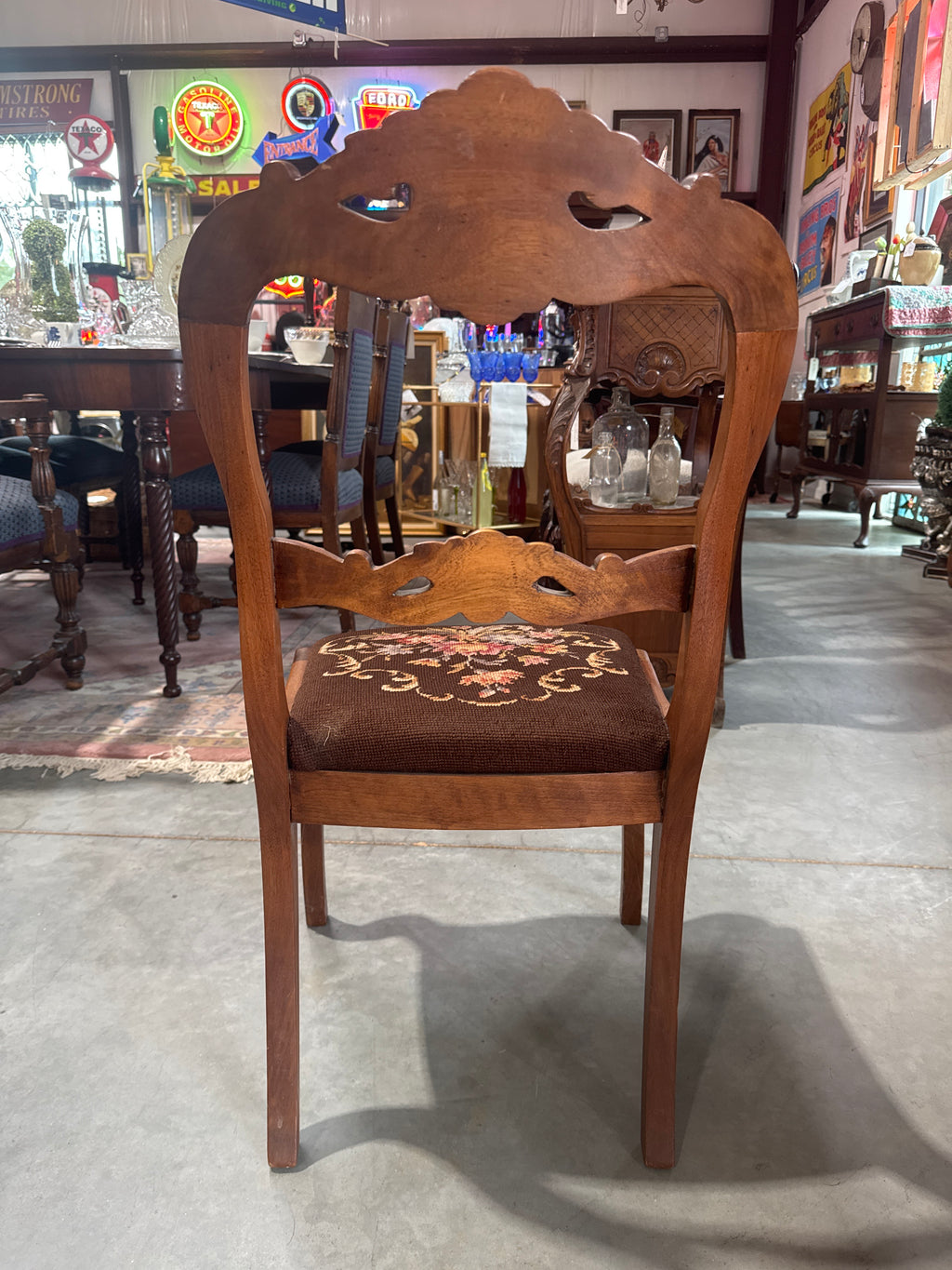 Antique Rose Bud Carved Needlepoint Chair