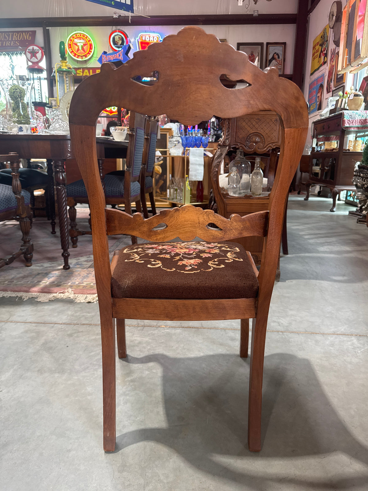 Antique Rose Bud Carved Needlepoint Chair