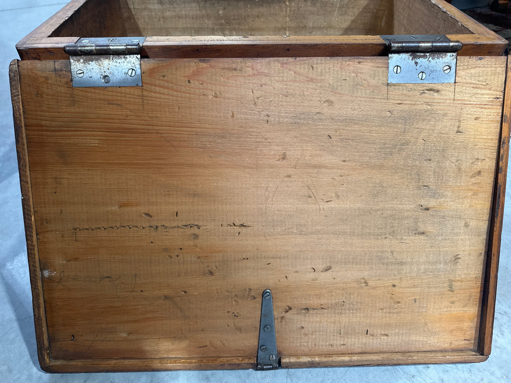 Antique Late 19th Century Primitive Lift Top Wood Carpentry Chest Trunk with Wrought Iron Latch
