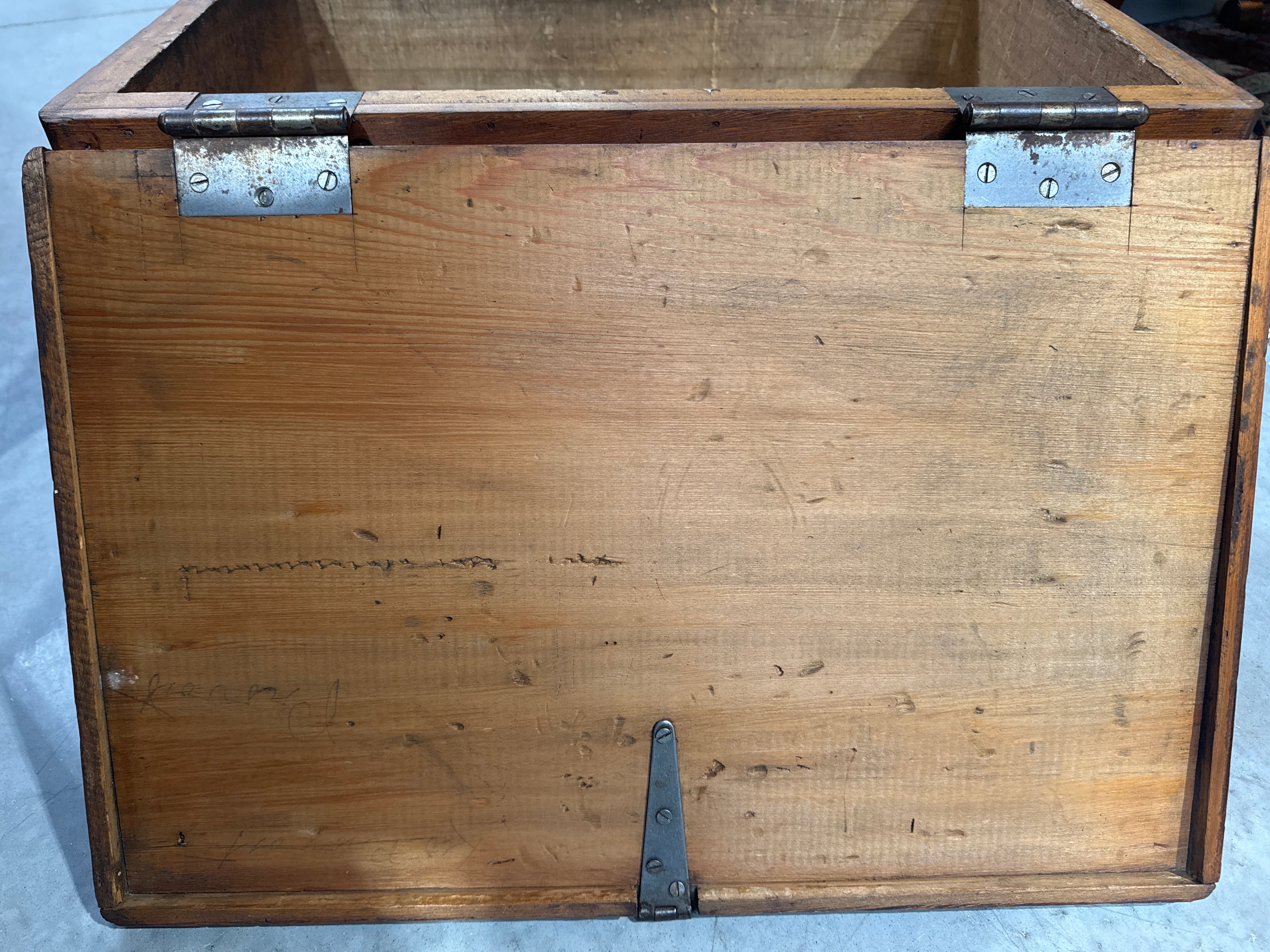 Antique Late 19th Century Primitive Lift Top Wood Carpentry Chest Trunk with Wrought Iron Latch