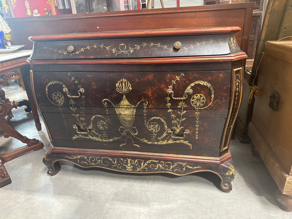 Grecian Style 3 Drawer Bombe Commode with Black & Gold Design