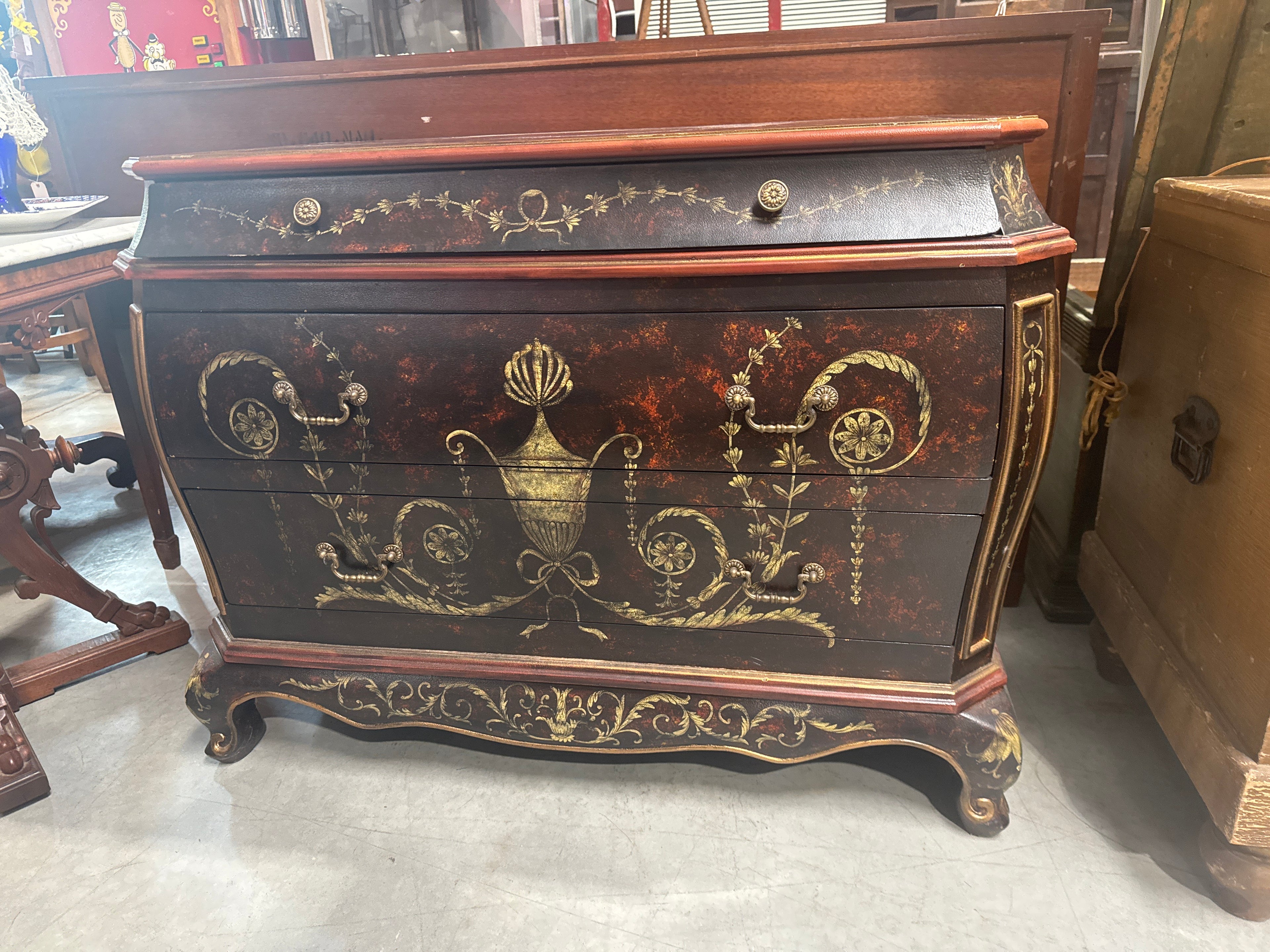 Grecian Style 3 Drawer Bombe Commode with Black & Gold Design