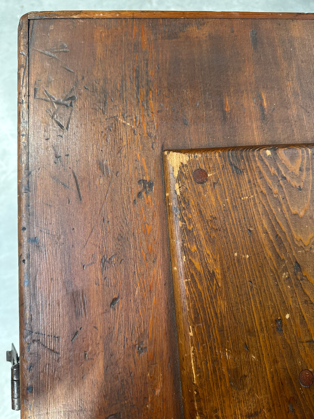 Antique Late 19th Century Primitive Lift Top Wood Carpentry Chest Trunk with Wrought Iron Latch