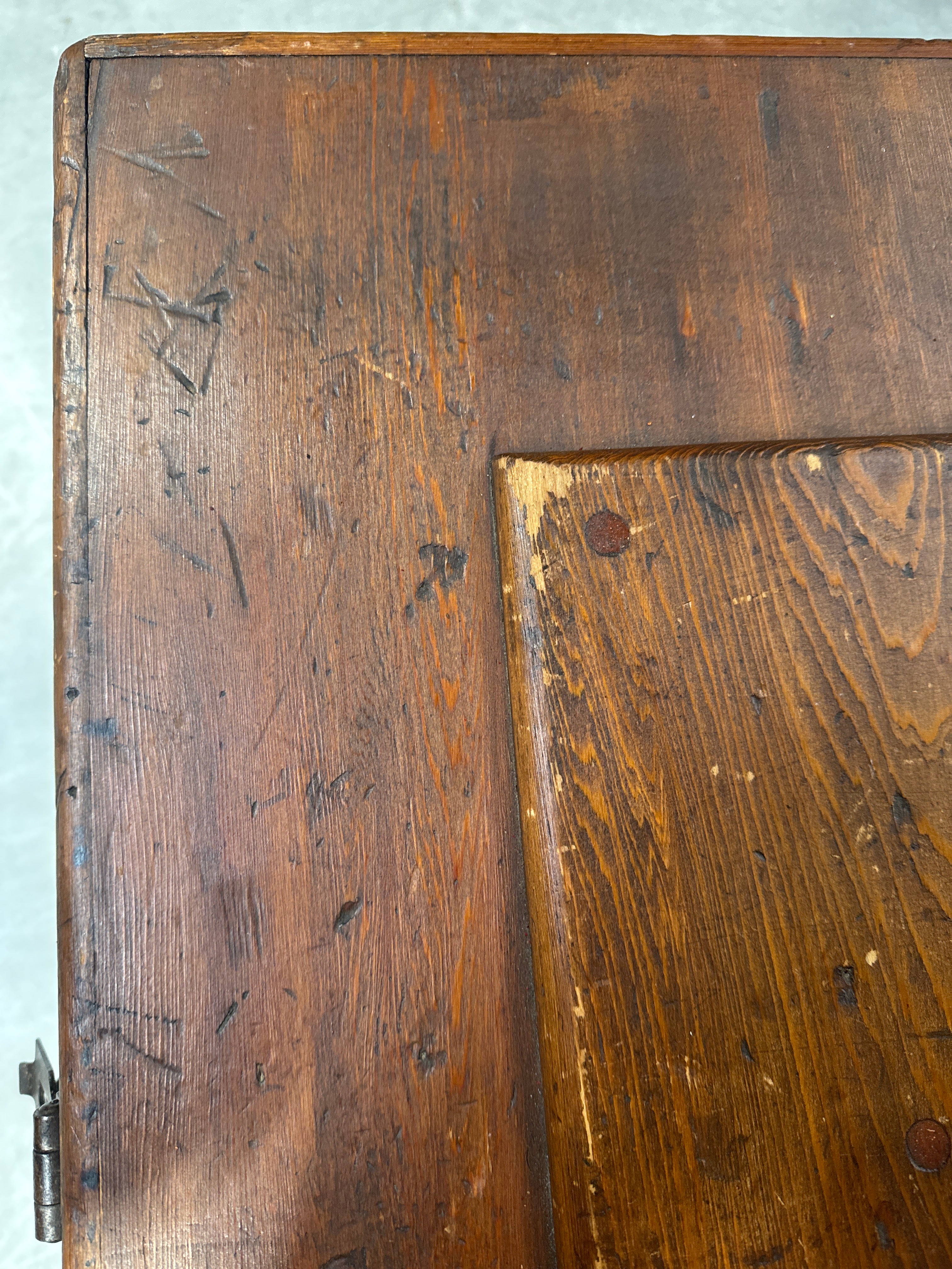 Antique Late 19th Century Primitive Lift Top Wood Carpentry Chest Trunk with Wrought Iron Latch