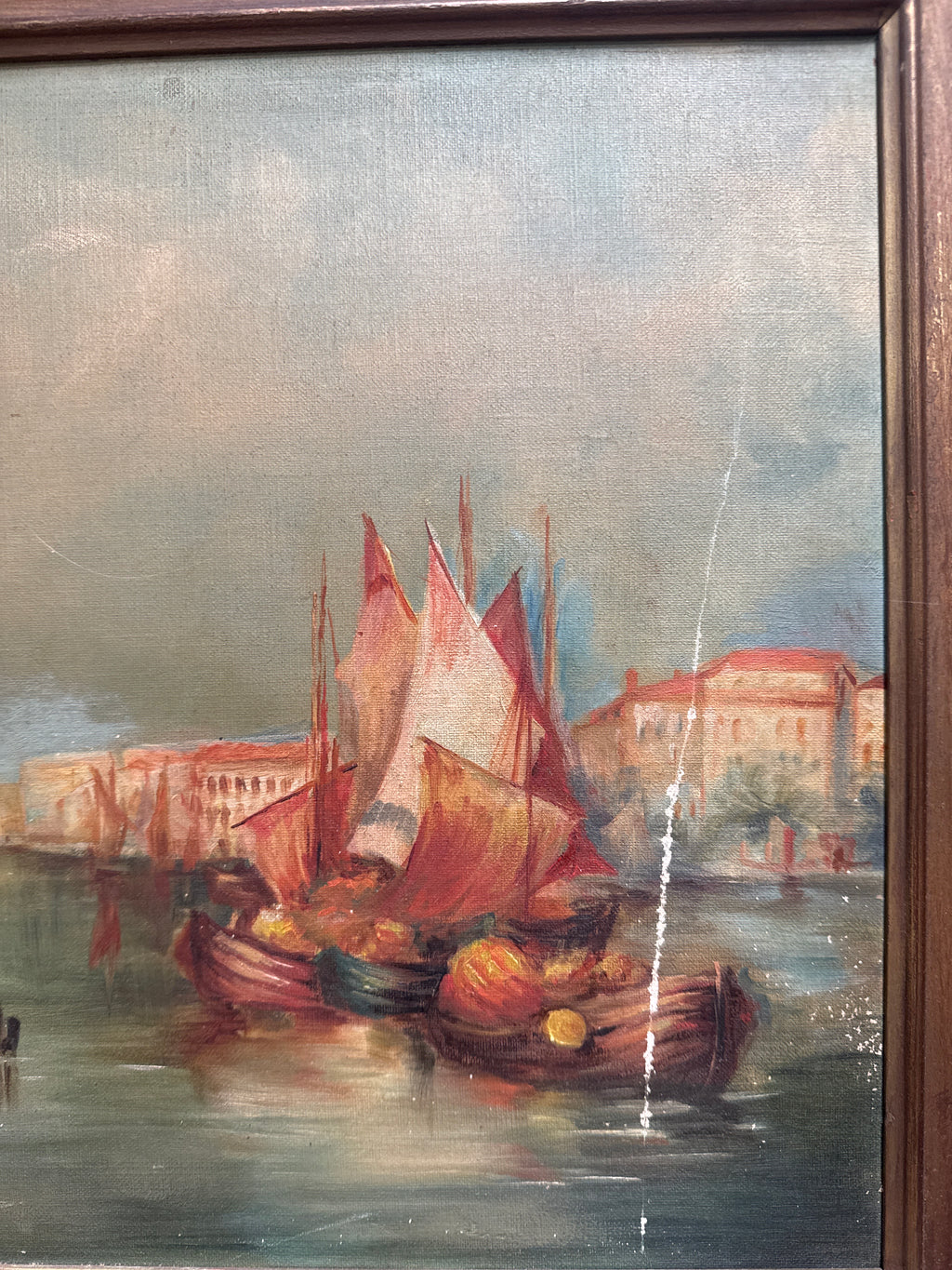 Antique Gold Frame Oil on Canvas of a Venitian Canal Scene