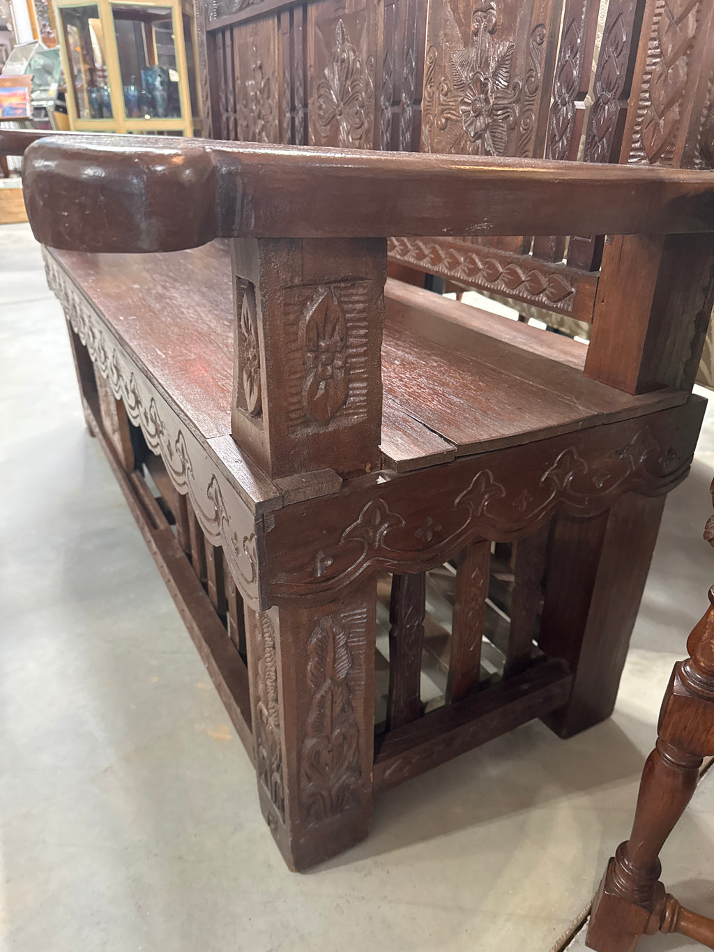 Vintage Large Hand Carved Thai “Porch” Bench with Small Storage Door Underneath-K