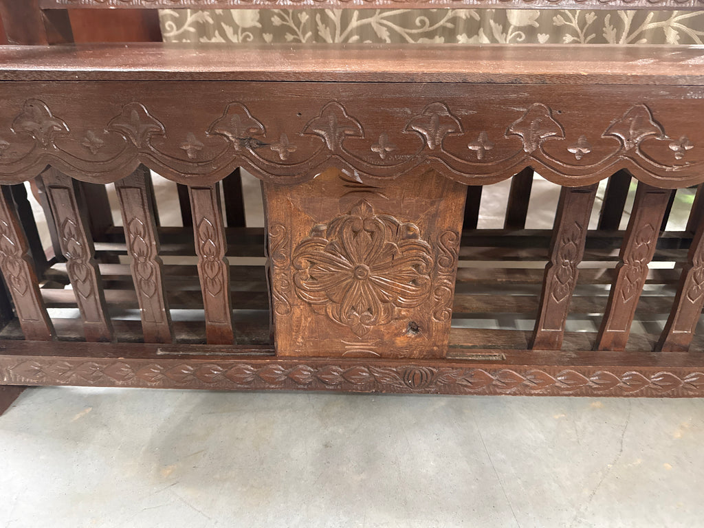 Vintage Large Hand Carved Thai “Porch” Bench with Small Storage Door Underneath-K