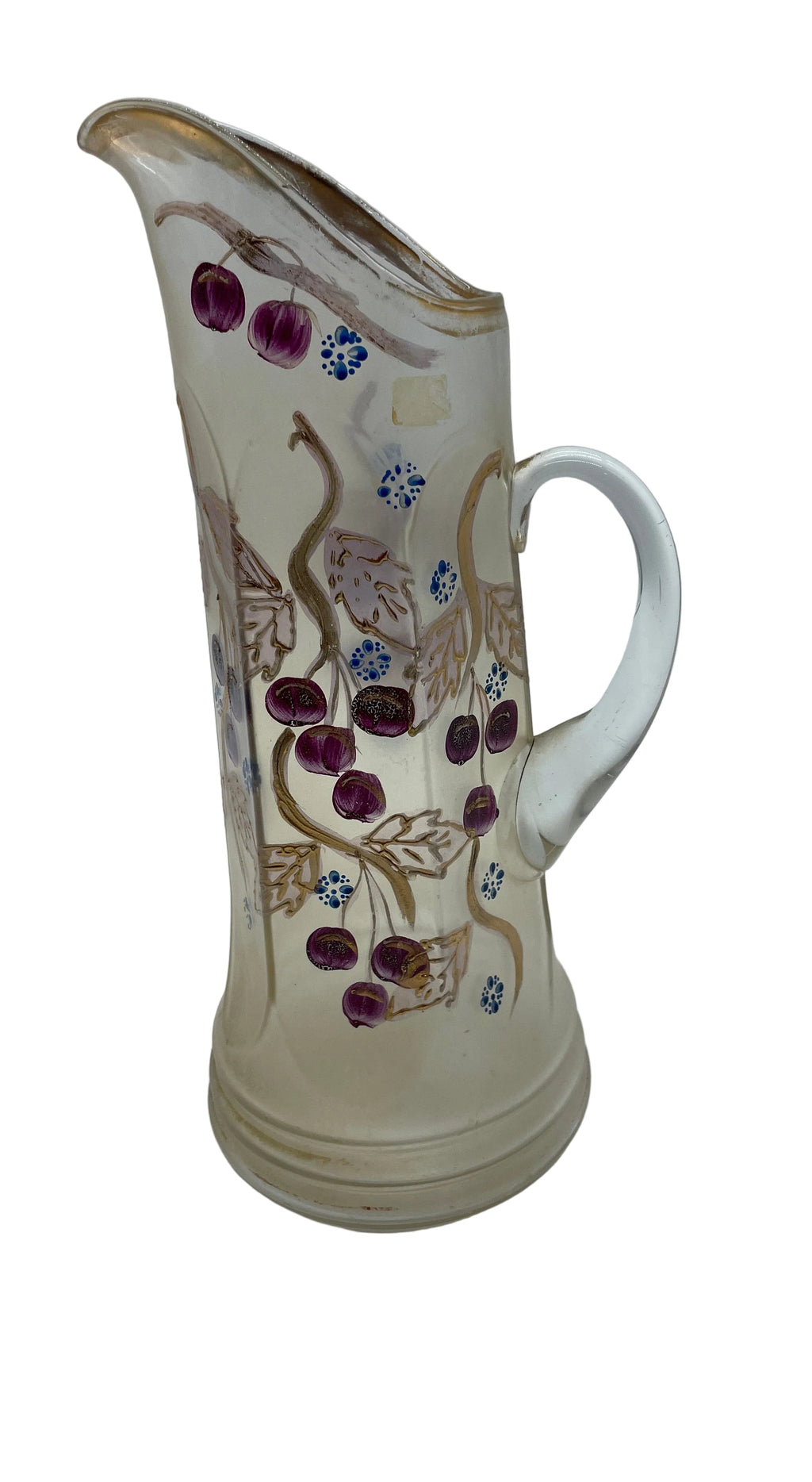 ANTIQUE 19th c Northwood #7217 hand painted frosted glass cherry pitcherj