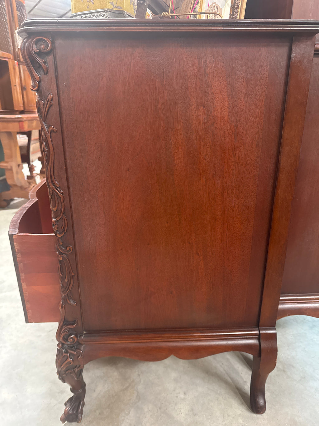 Vintage Carved Flame Mahogany 3 Drawer Chest Ball & Claw Feet