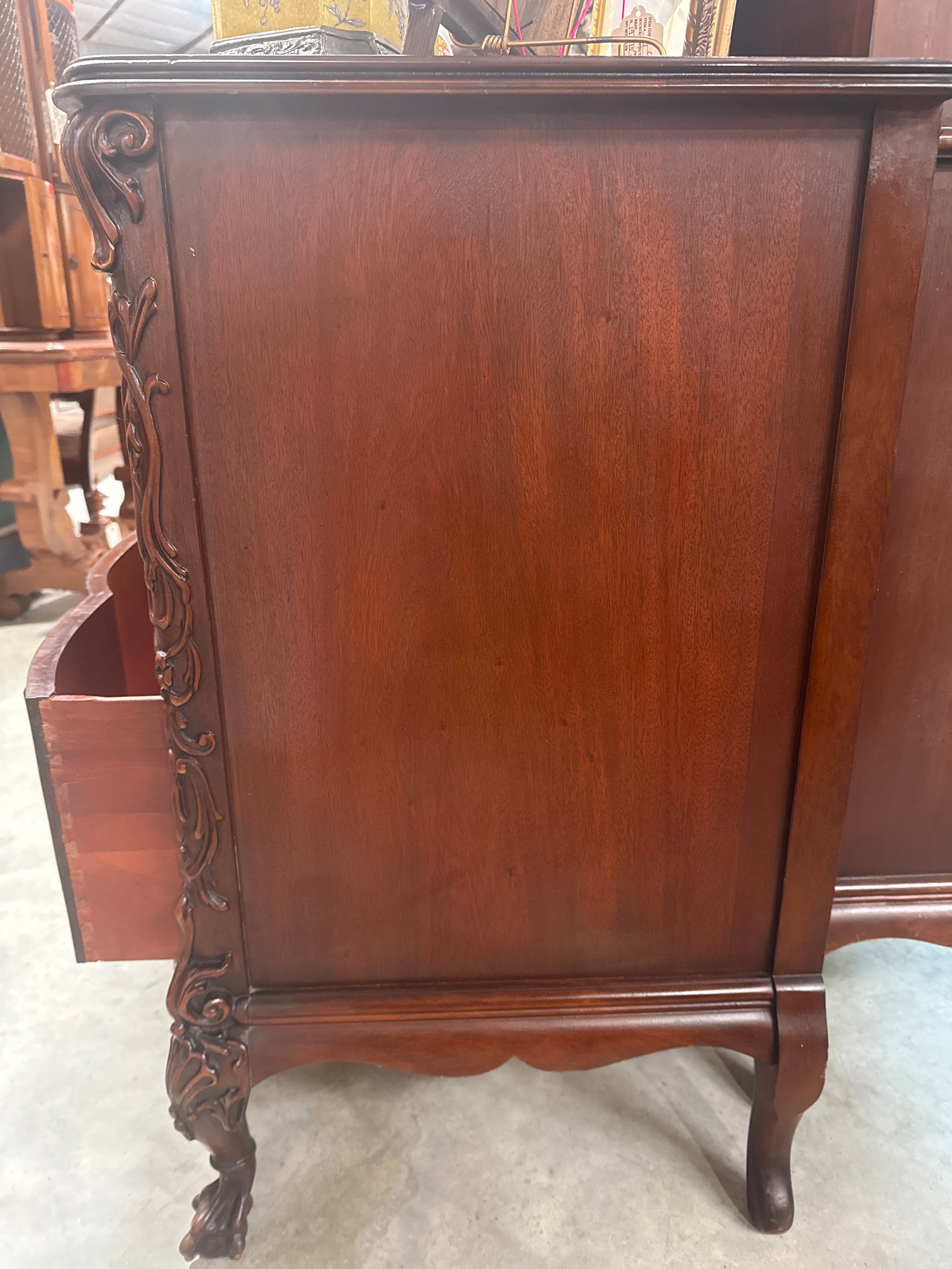Vintage Carved Flame Mahogany 3 Drawer Chest Ball & Claw Feet