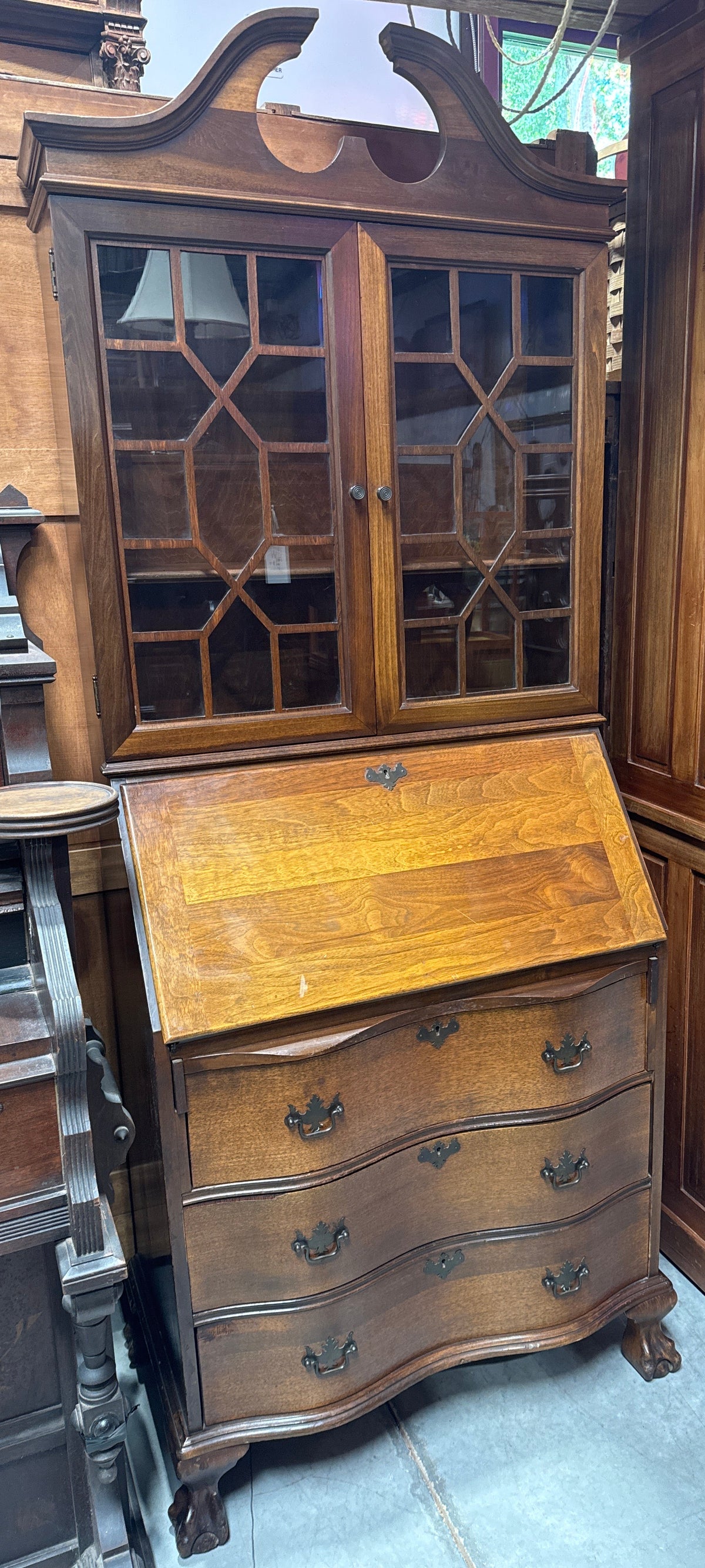 Vintage Serpentine Front Walnut Ball & Claw Secretary Desk