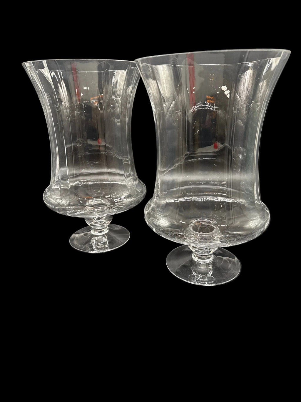 Pair of Clear Glass Fluted Top Hurricane Vases with Stemmed Pedestal Foot