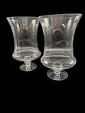 Pair of Clear Glass Fluted Top Hurricane Vases with Stemmed Pedestal Foot