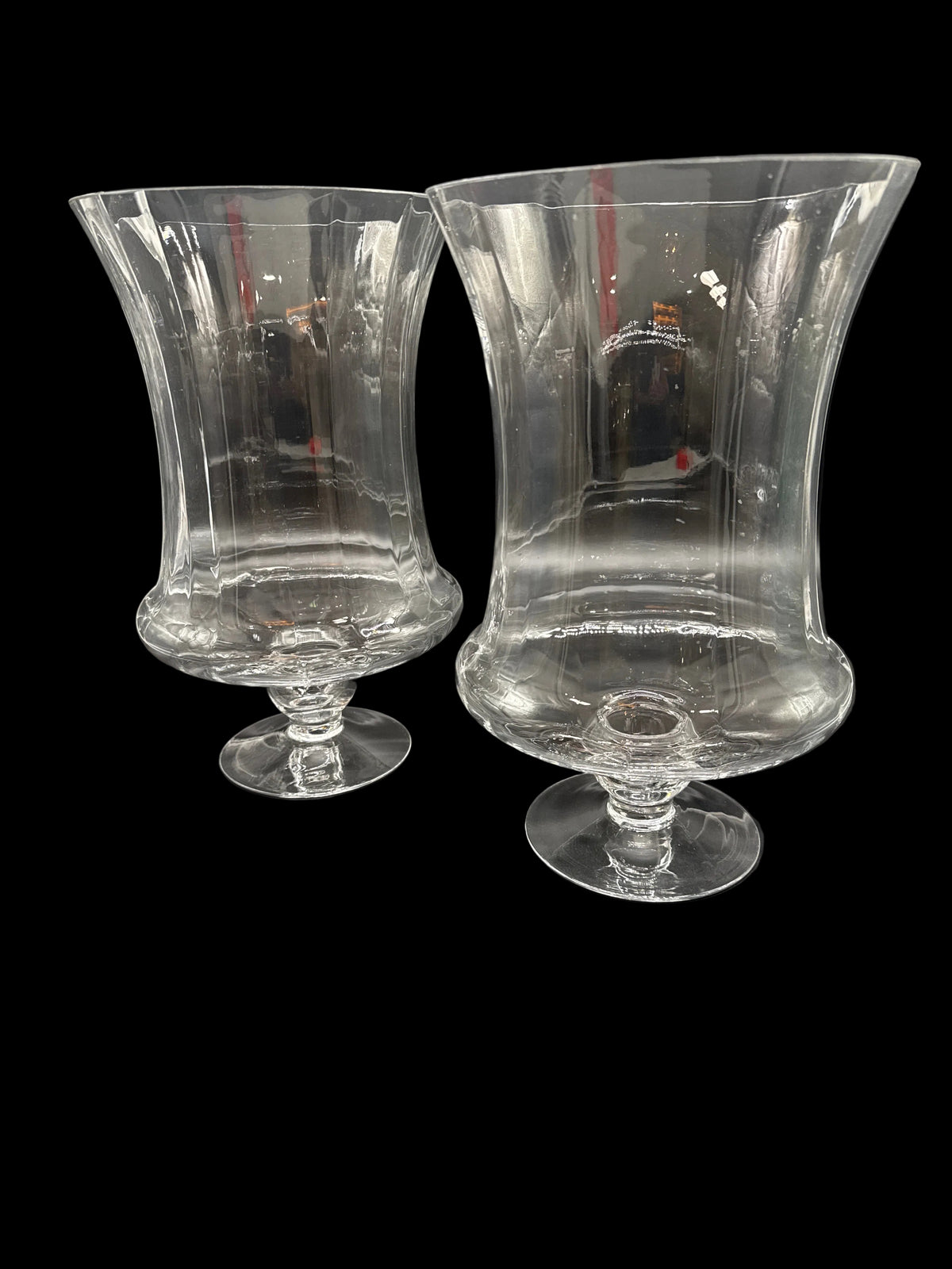 Pair of Clear Glass Fluted Top Hurricane Vases with Stemmed Pedestal Foot