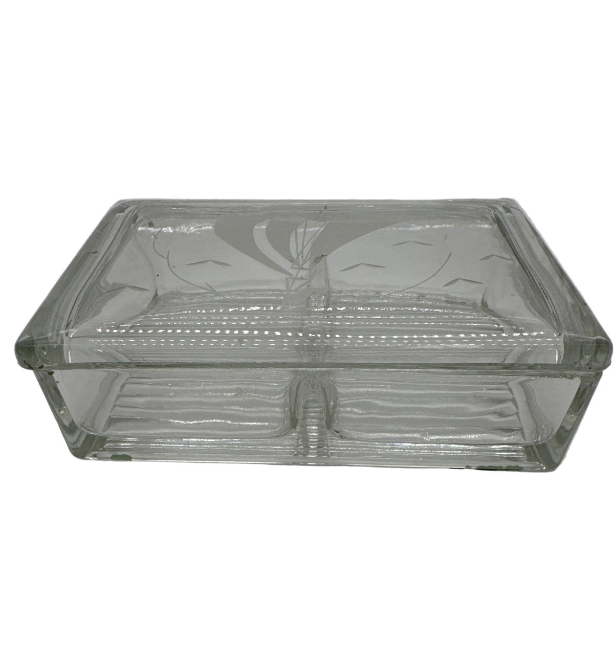 Vintage Clear Glass Playing Card Box with Removable Etched Sailboat Lid