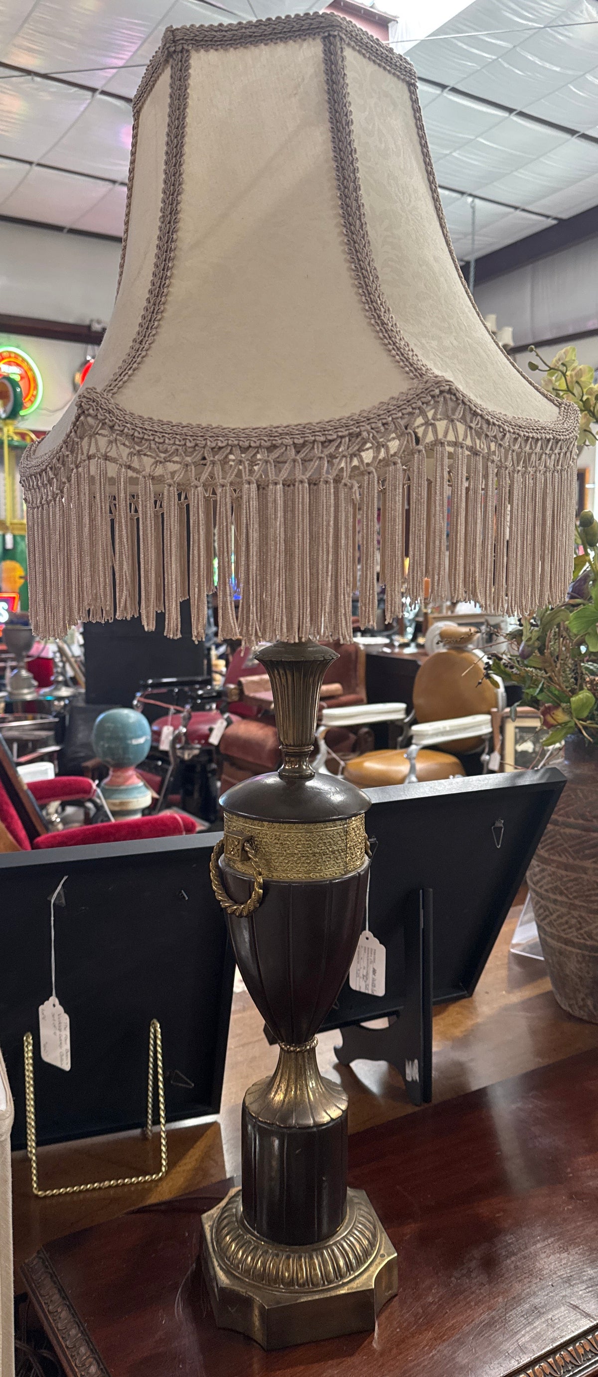 Vintage Neoclassical-Style Leather & Brass Urn Table Lamp