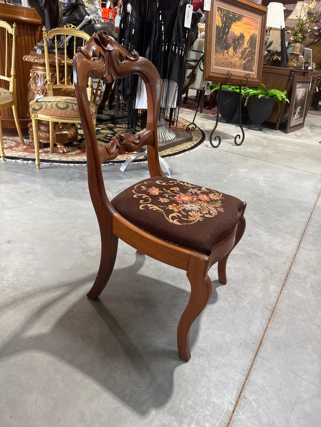 Antique Rose Bud Carved Needlepoint Chair