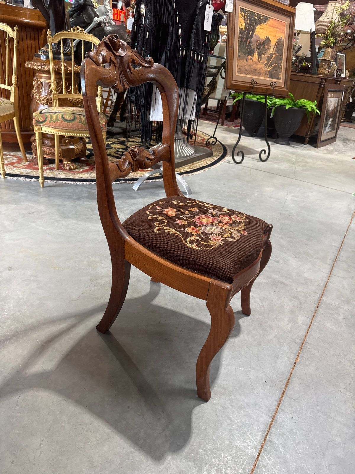 Antique Rose Bud Carved Needlepoint Chair