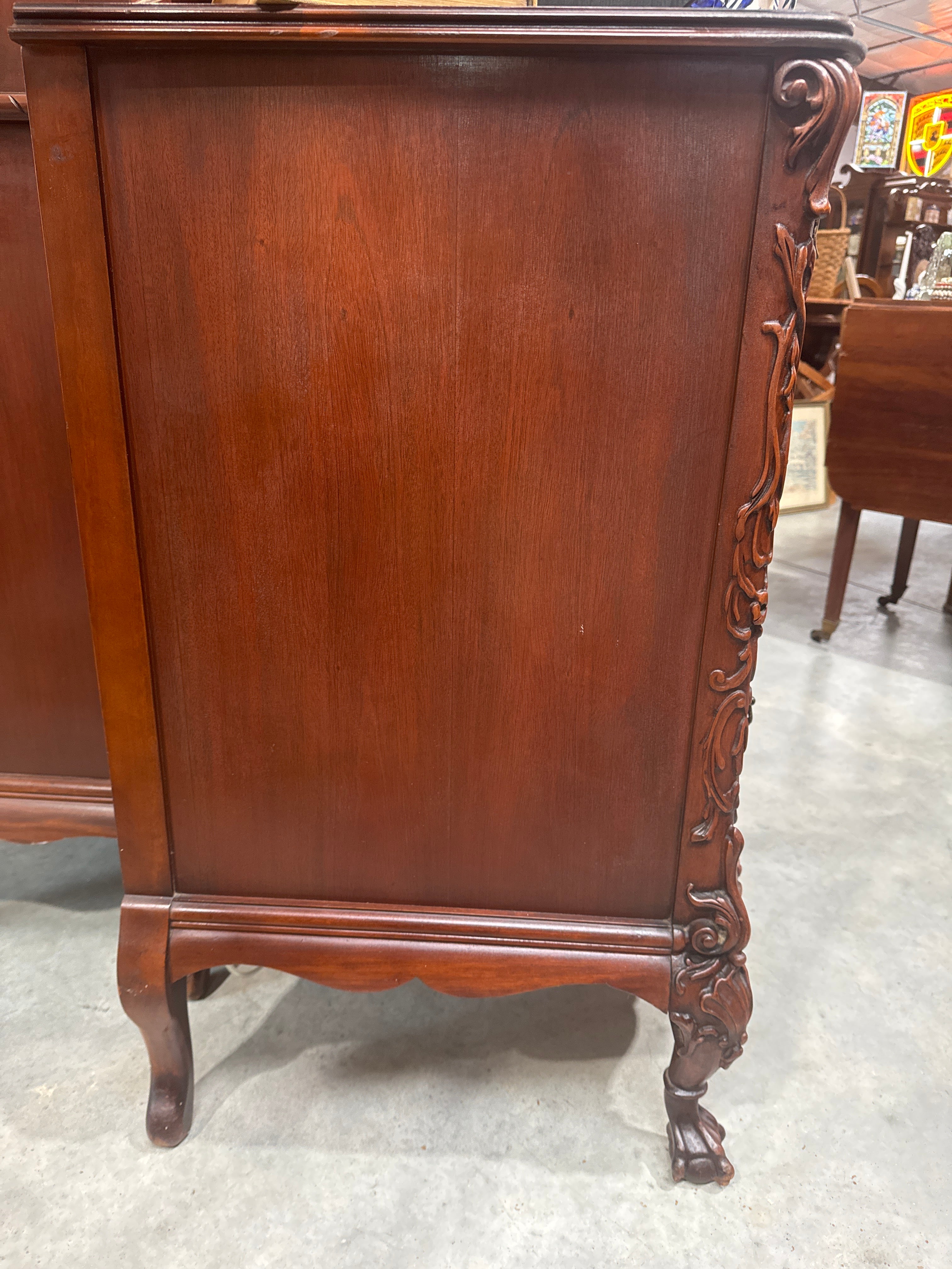Vintage Carved Flame Mahogany 3 Drawer Chest Ball & Claw Feet