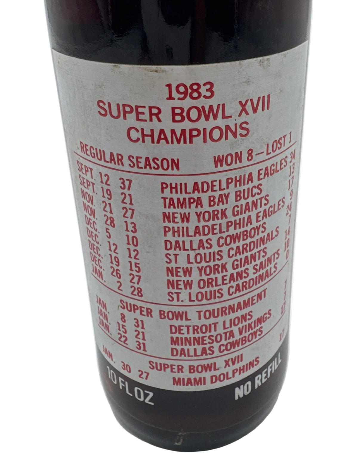 WASHINGTON REDSKINS XVII SUPER BOWL 10 oz COCA-COLA BOTTLE