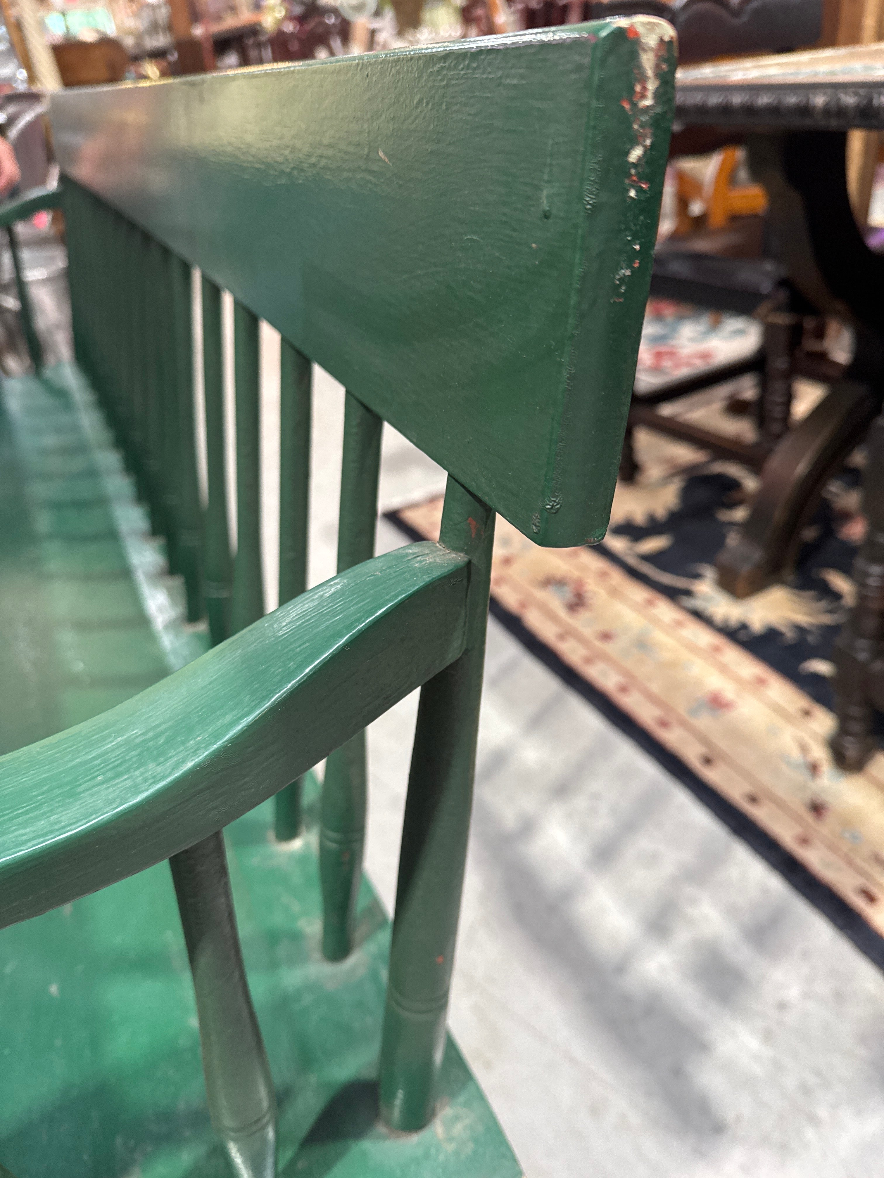 Vintage Wooden Spindle Back Green Painted Windsor Deacon’s Bench