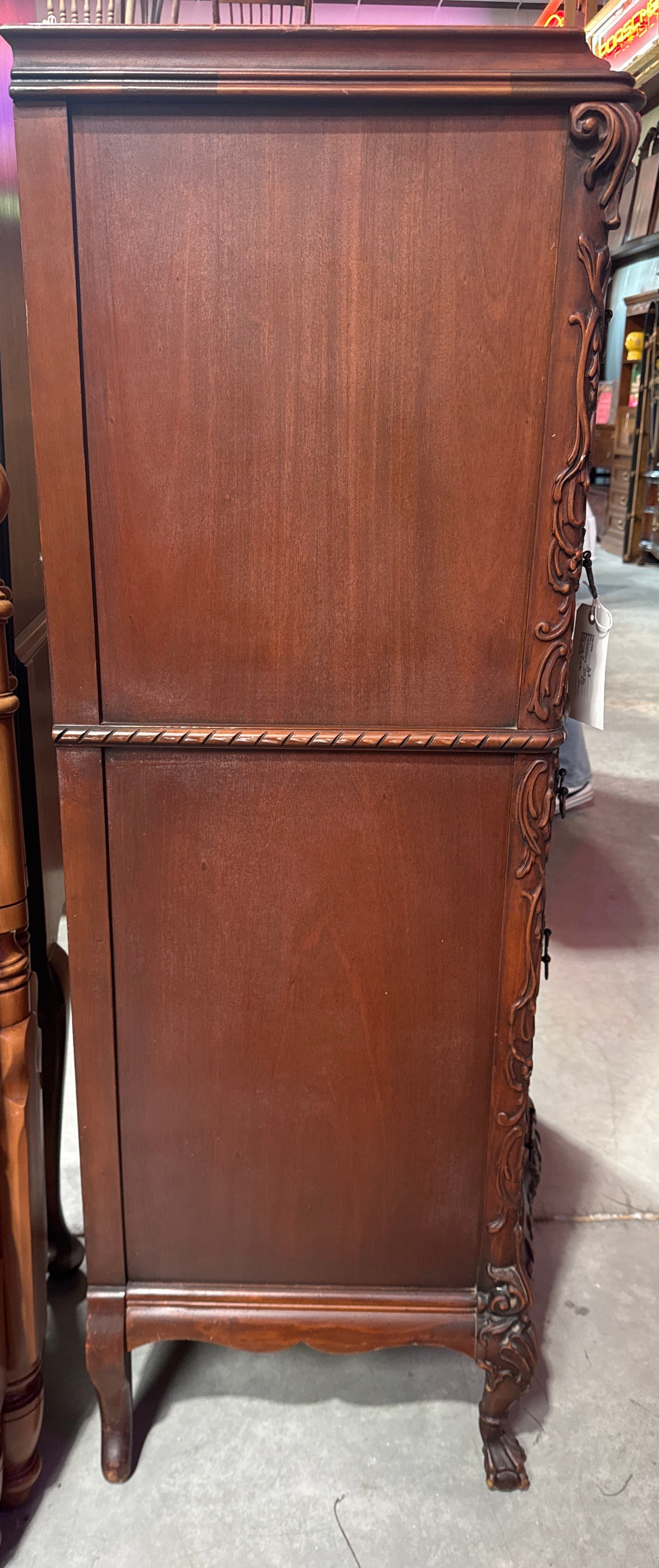 Vintage Tall Carved Mahogany Chinese Chippendale Style Bow Front High 5 Drawer Chest Dresser