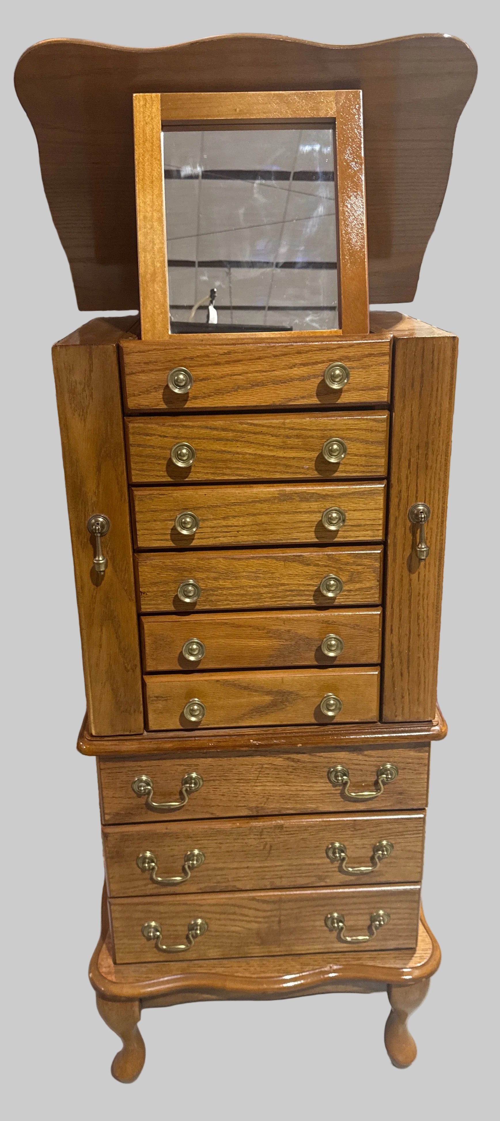 Queen Anne Style Oak Jewelry Chest, 42”H