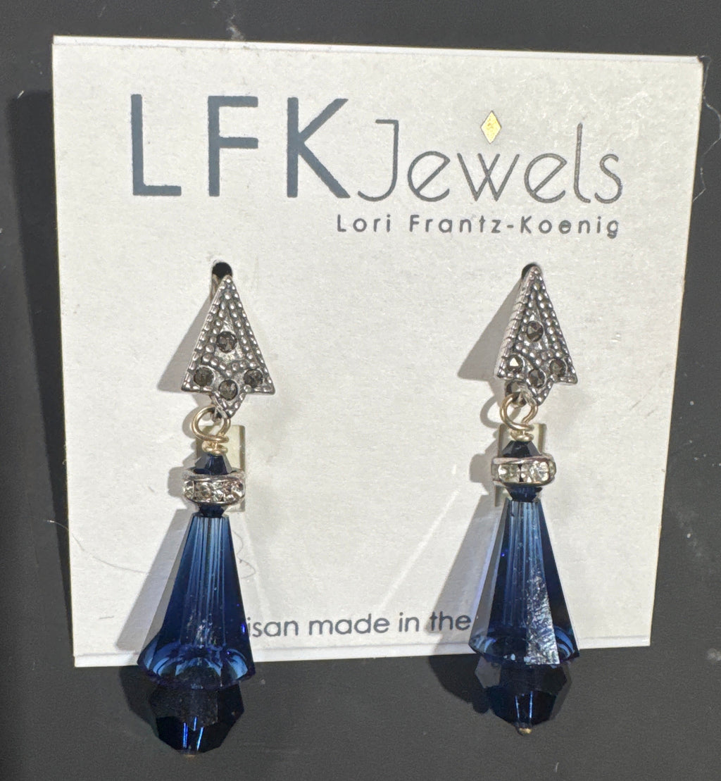 Vintage LFK Jewels Sapphire Blue Crystal Drop Bead Earrings with Rhinestone Studded Top