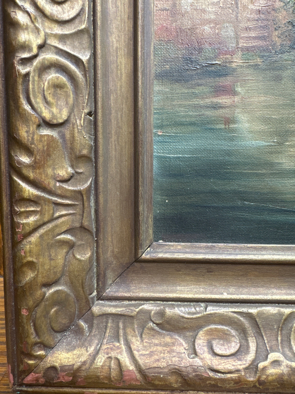 Antique Gold Frame Oil on Canvas of a Venitian Canal Scene
