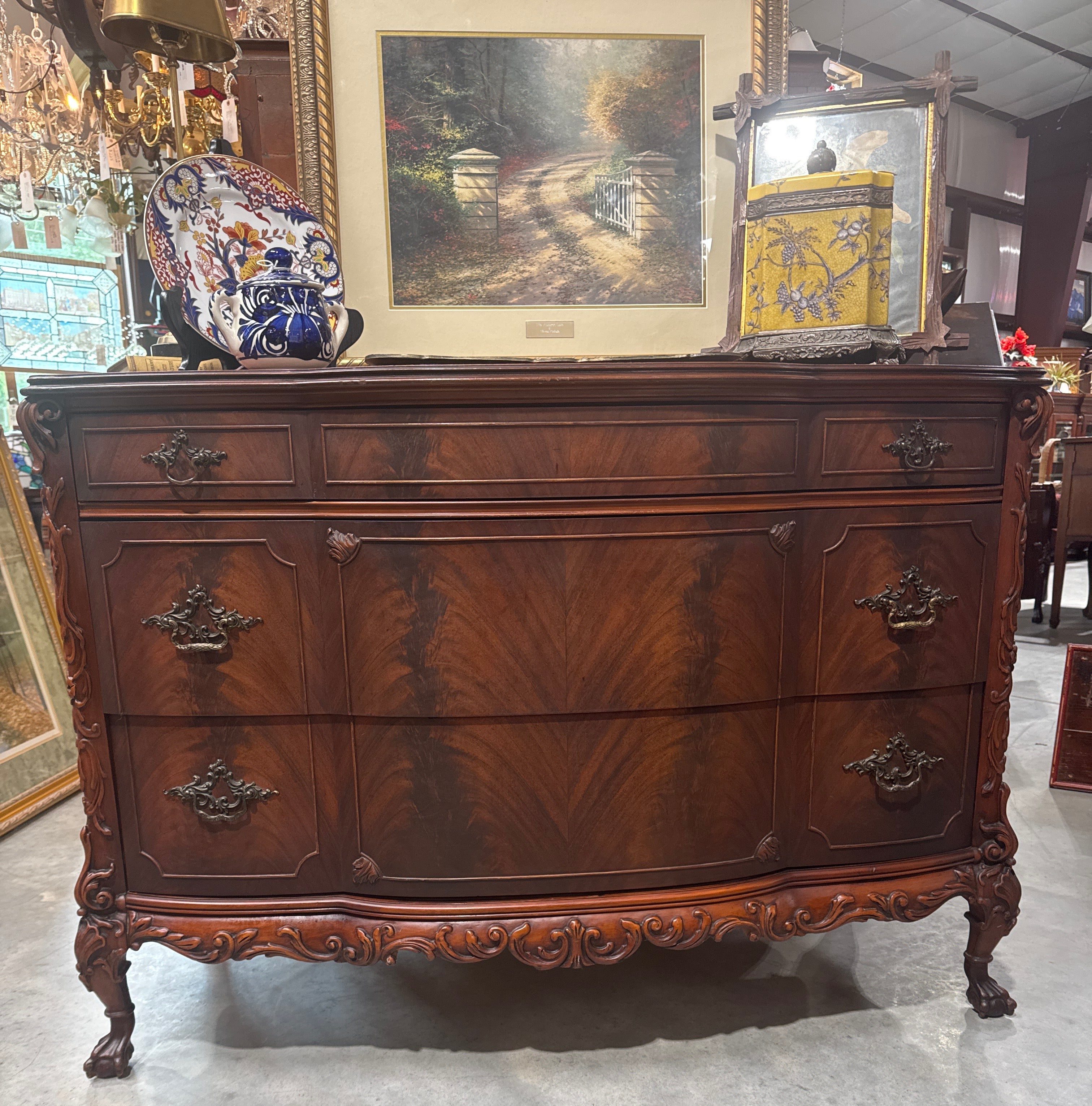 Vintage Tall Carved Mahogany Chinese Chippendale Style Bow Front High 5 Drawer Chest Dresser