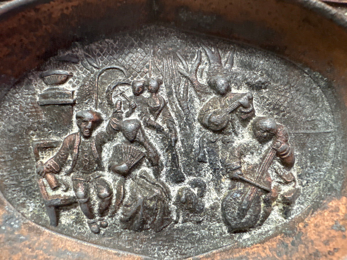 Vintage Oval Metal Ashtray or Catch-All Dish featuring a Repoussé Tavern Scene with Figures and Musicians in Relief