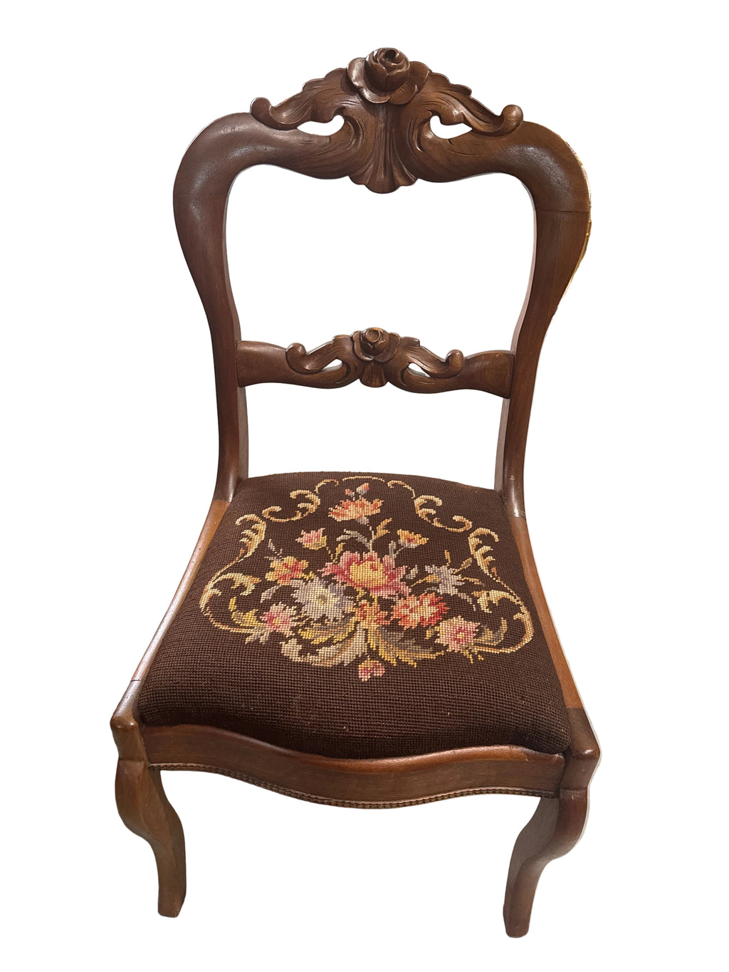 Antique Rose Bud Carved Needlepoint Chair