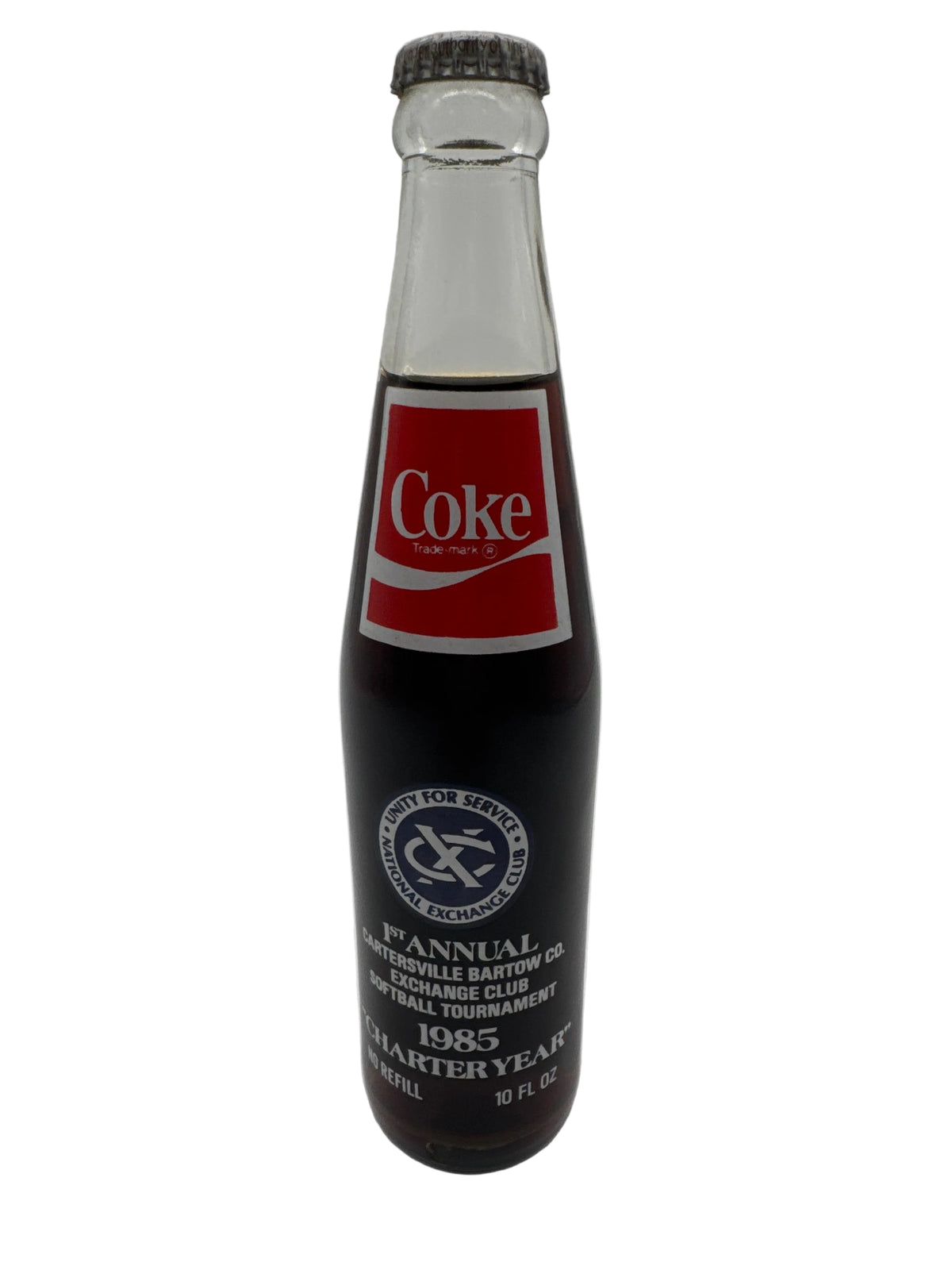 1985 1st Annual Cartersville Bartow Co. Softball Exchange Club Tournament-Charter Year Coca-Cola Bottle 10 oz