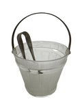 Vintage Pressed Glass Ice Bucket with a Textured Wooden Panel Design, a Metal Hammered Swing Handle and Matching  Tongs with Chevron Design