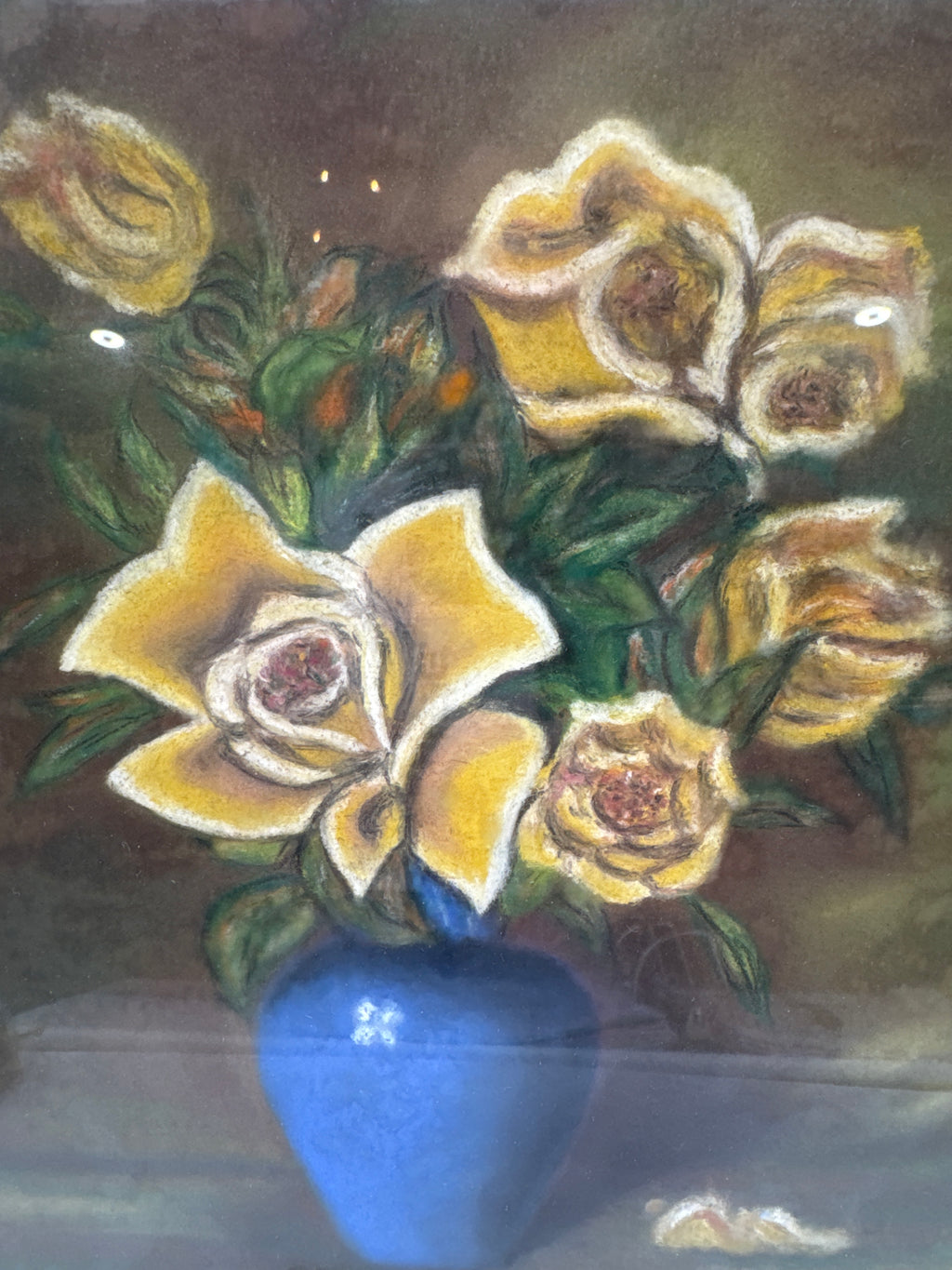 Vintage 1945 Signed & Dated Framed Still-Life Pastel Painting, Bouquet of Yellow Roses in a Blue Vase, Signed A. Clare Killam