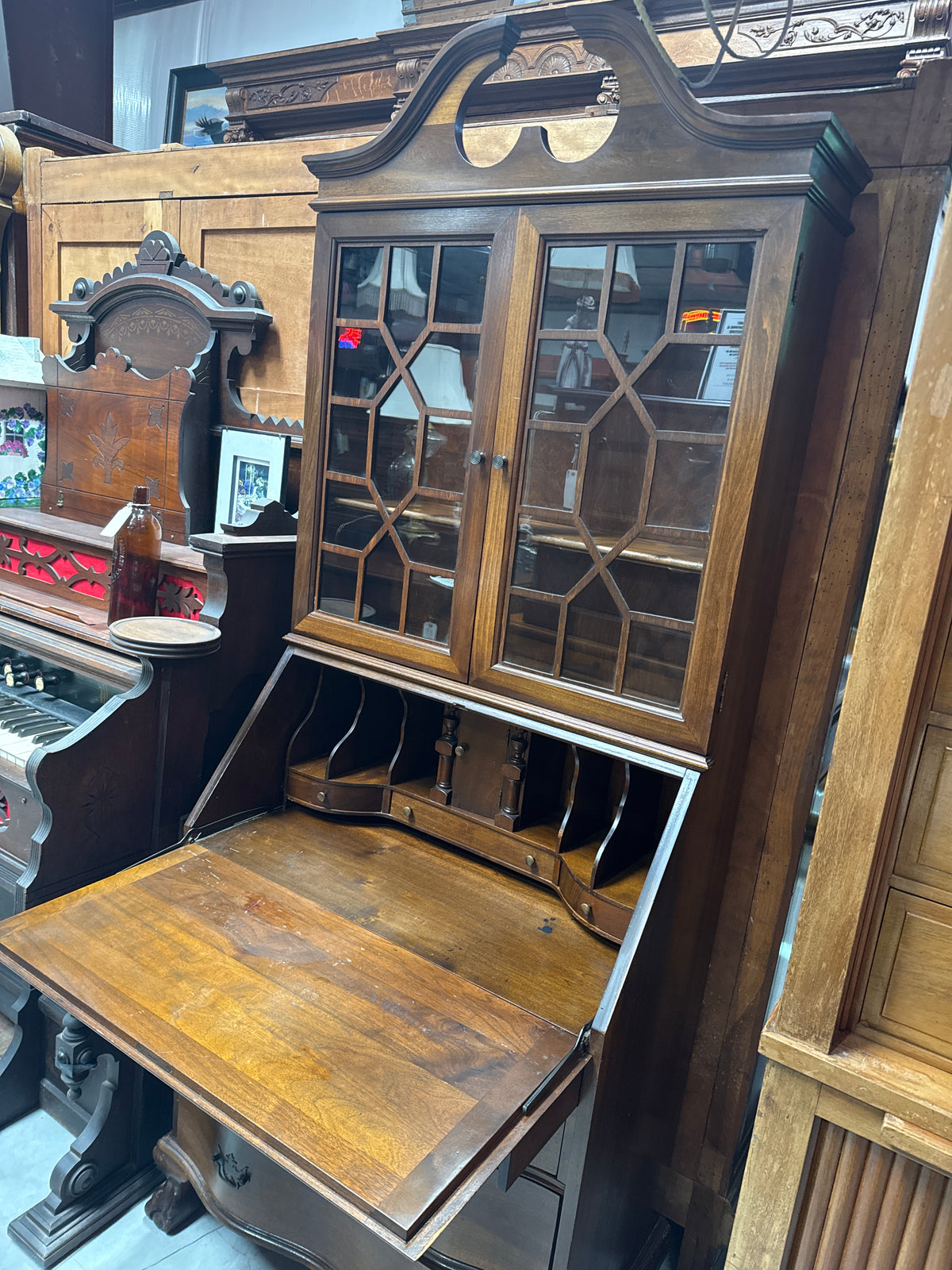 Vintage Serpentine Front Walnut Ball & Claw Secretary Desk