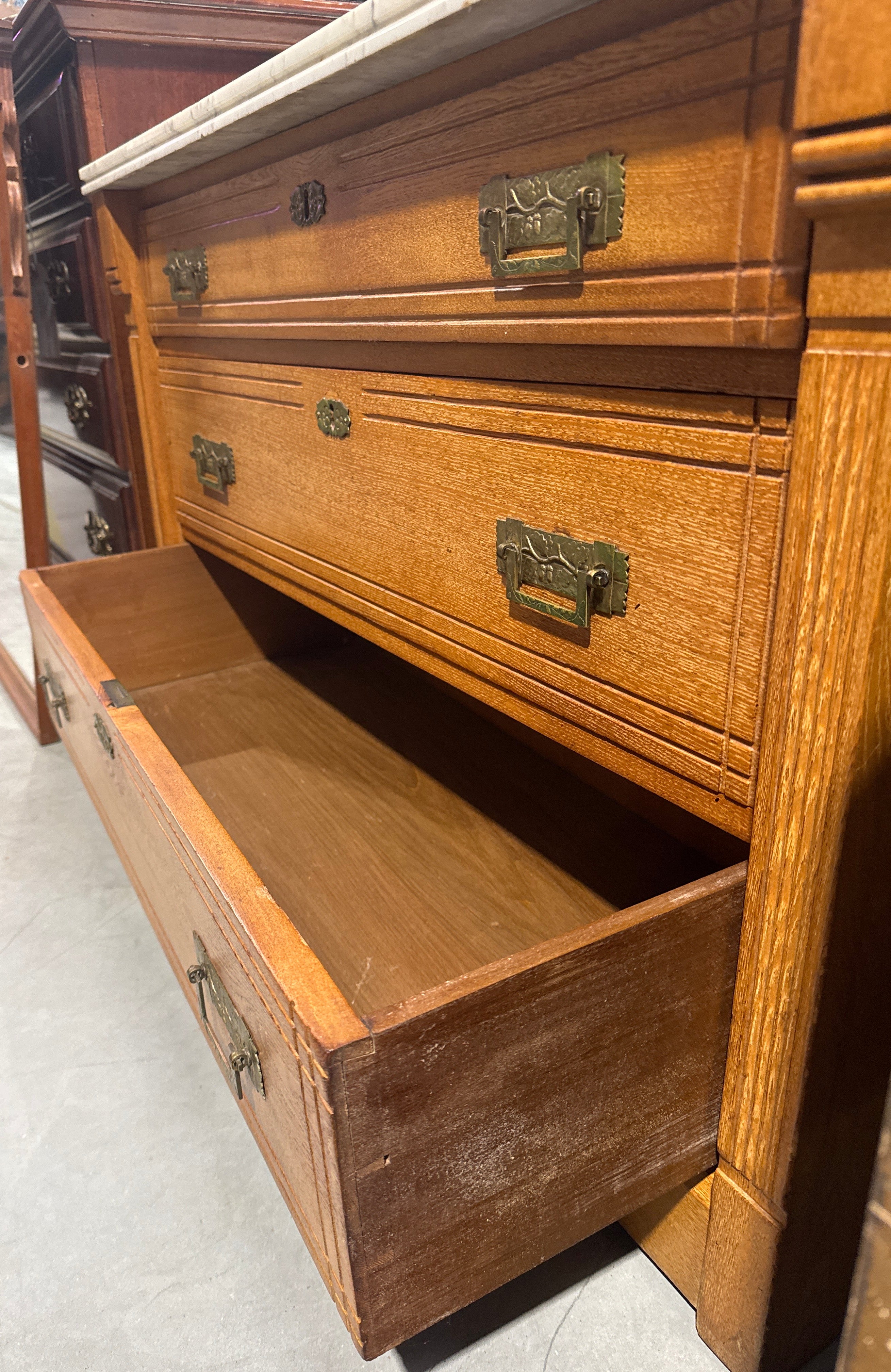 Vintage Campaign-Style 3 Drawer with Brass Hardware and a White Marble Top-K