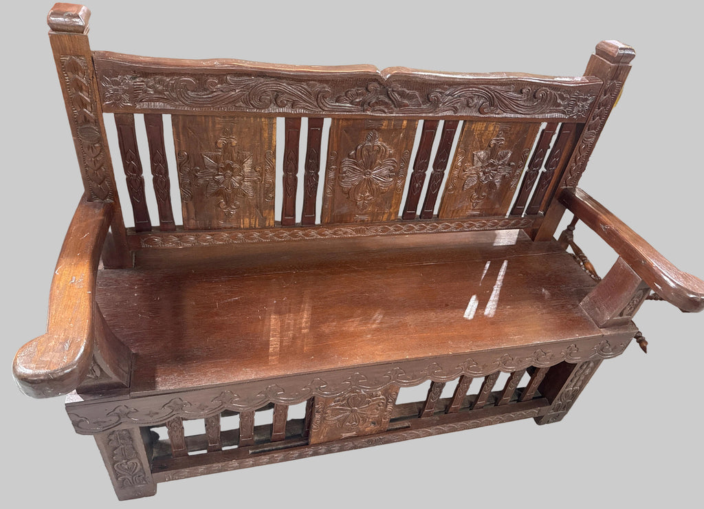 Vintage Large Hand Carved Thai “Porch” Bench with Small Storage Door Underneath-K