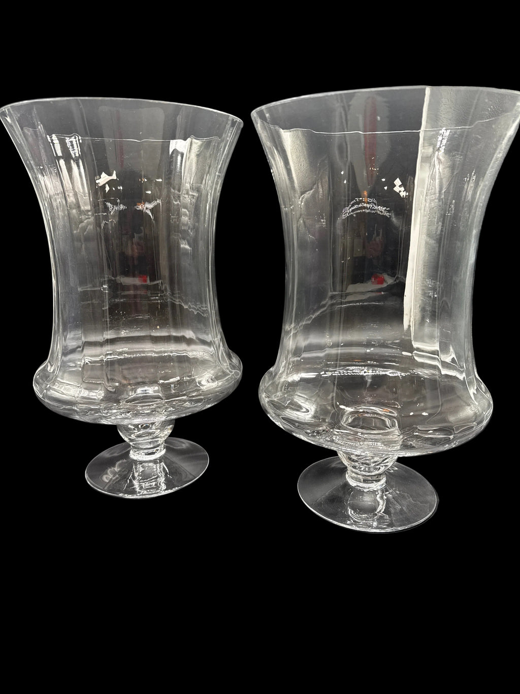 Pair of Clear Glass Fluted Top Hurricane Vases with Stemmed Pedestal Foot