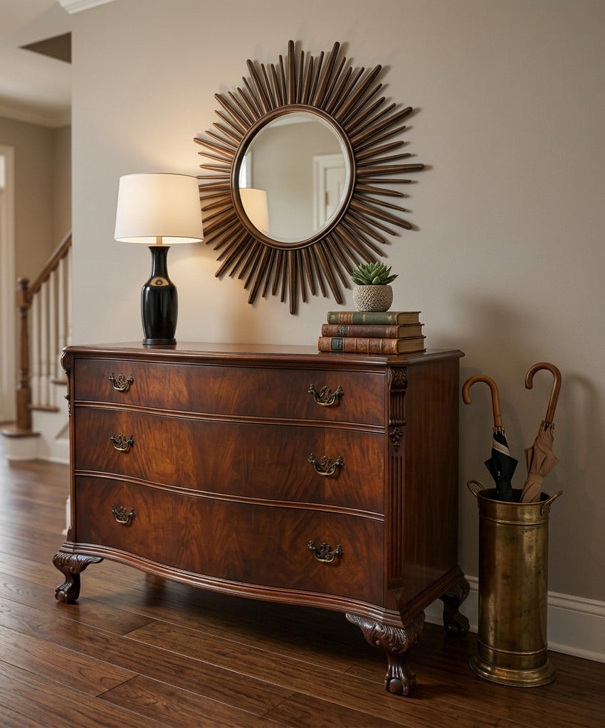 Antique Vanleigh Furniture Co Serpentine Mahogany Ball & Claw 3 Drawer Chest Dresser