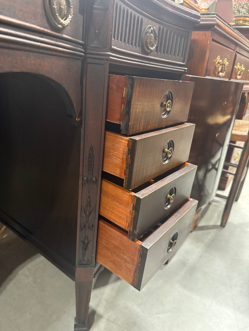 Vintage Mahogany Serpentine Front Vanity or Desk with Elegant Inlaid Detailing