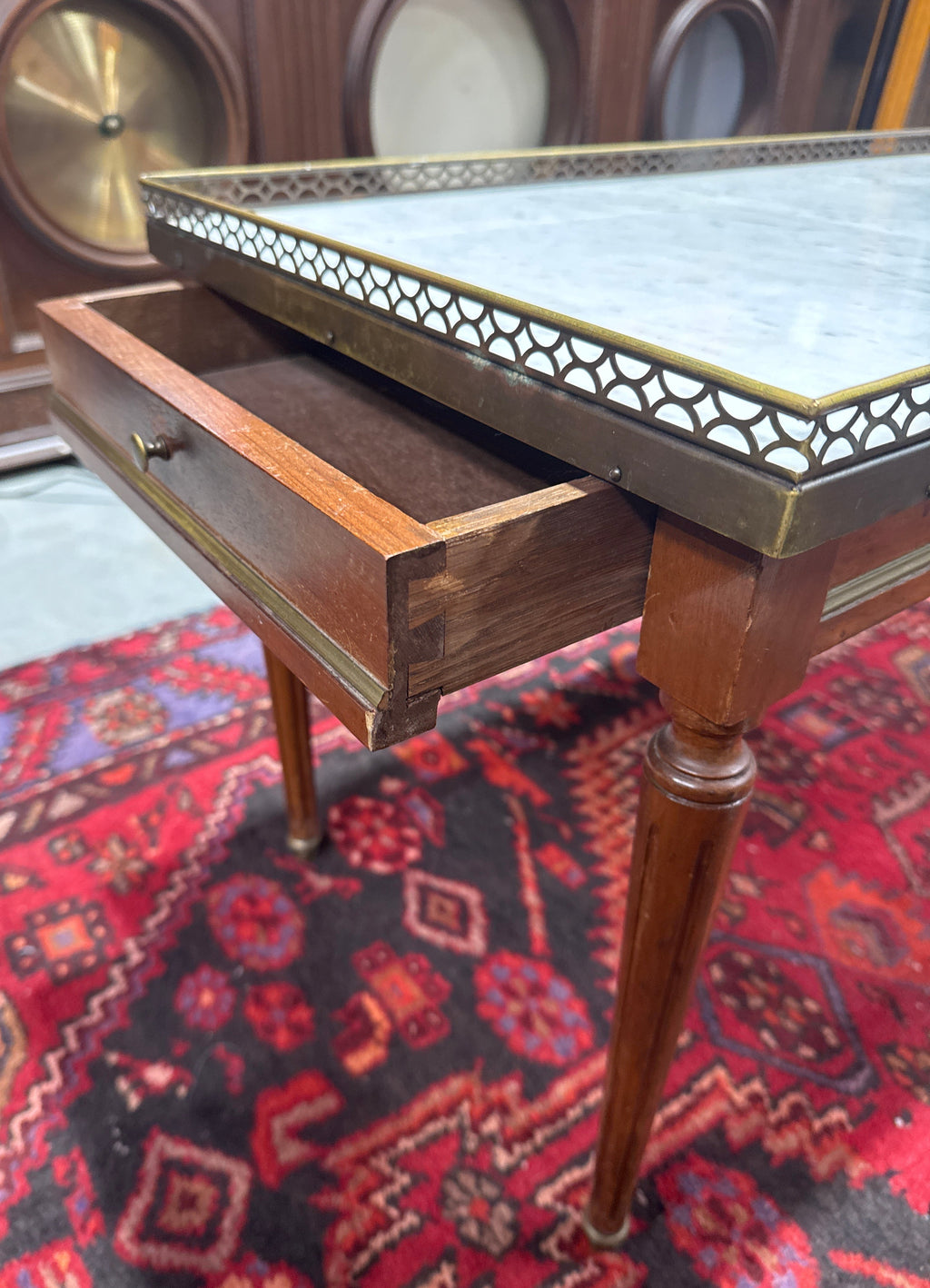 Antique French Louis XVI Style Marble Top Coffee Table with Brass Gallery