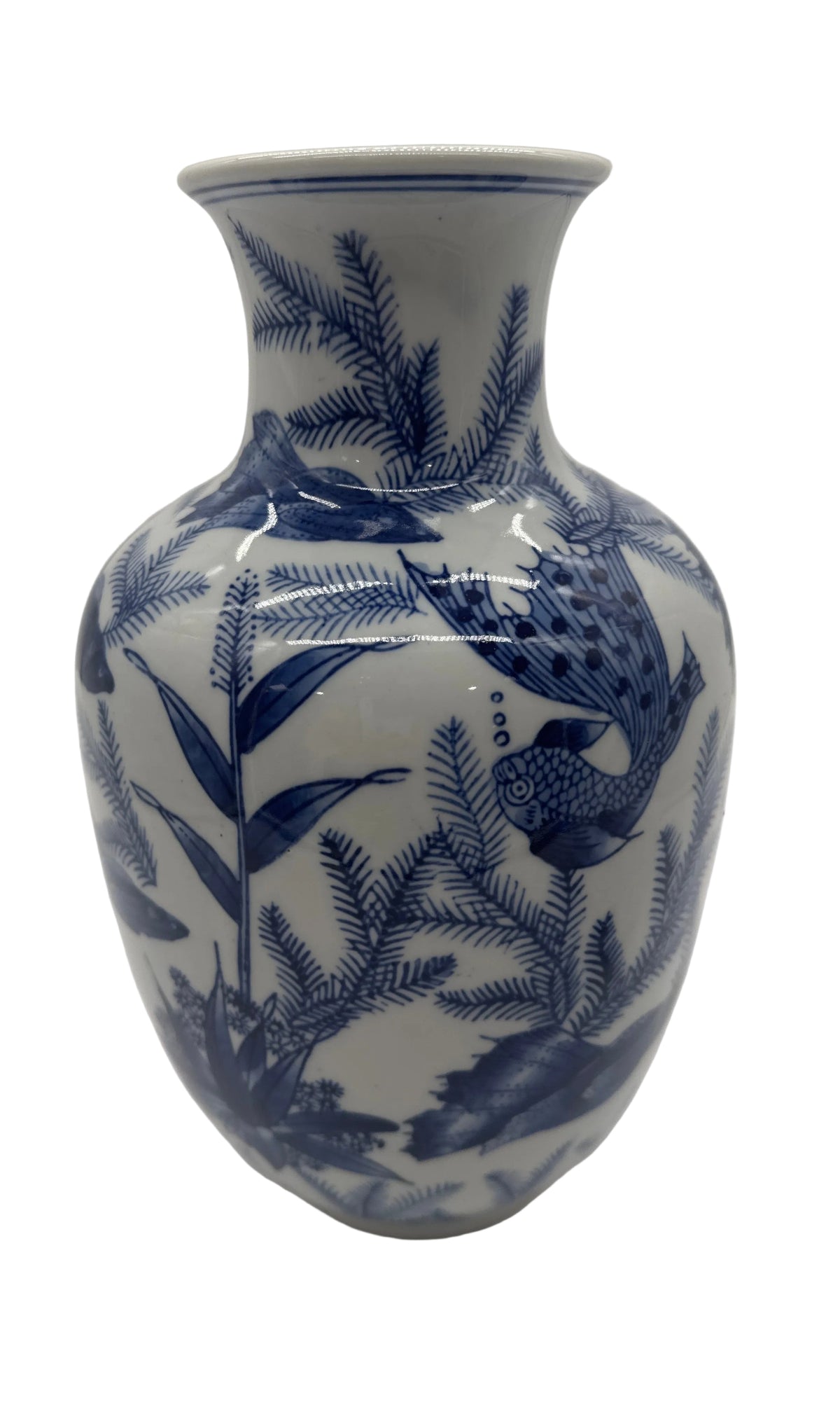 Vintage Blue & White Koi Fish Ceramic Chinese Vase