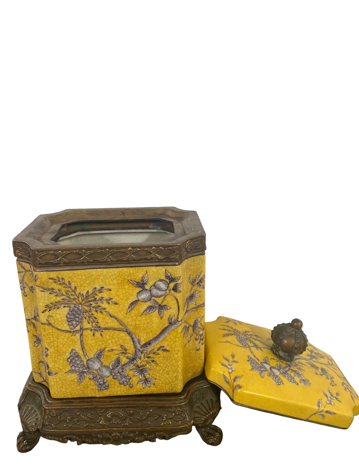 Yellow Blue Chinoiserie AsianJar with Lid Metal Base Finial