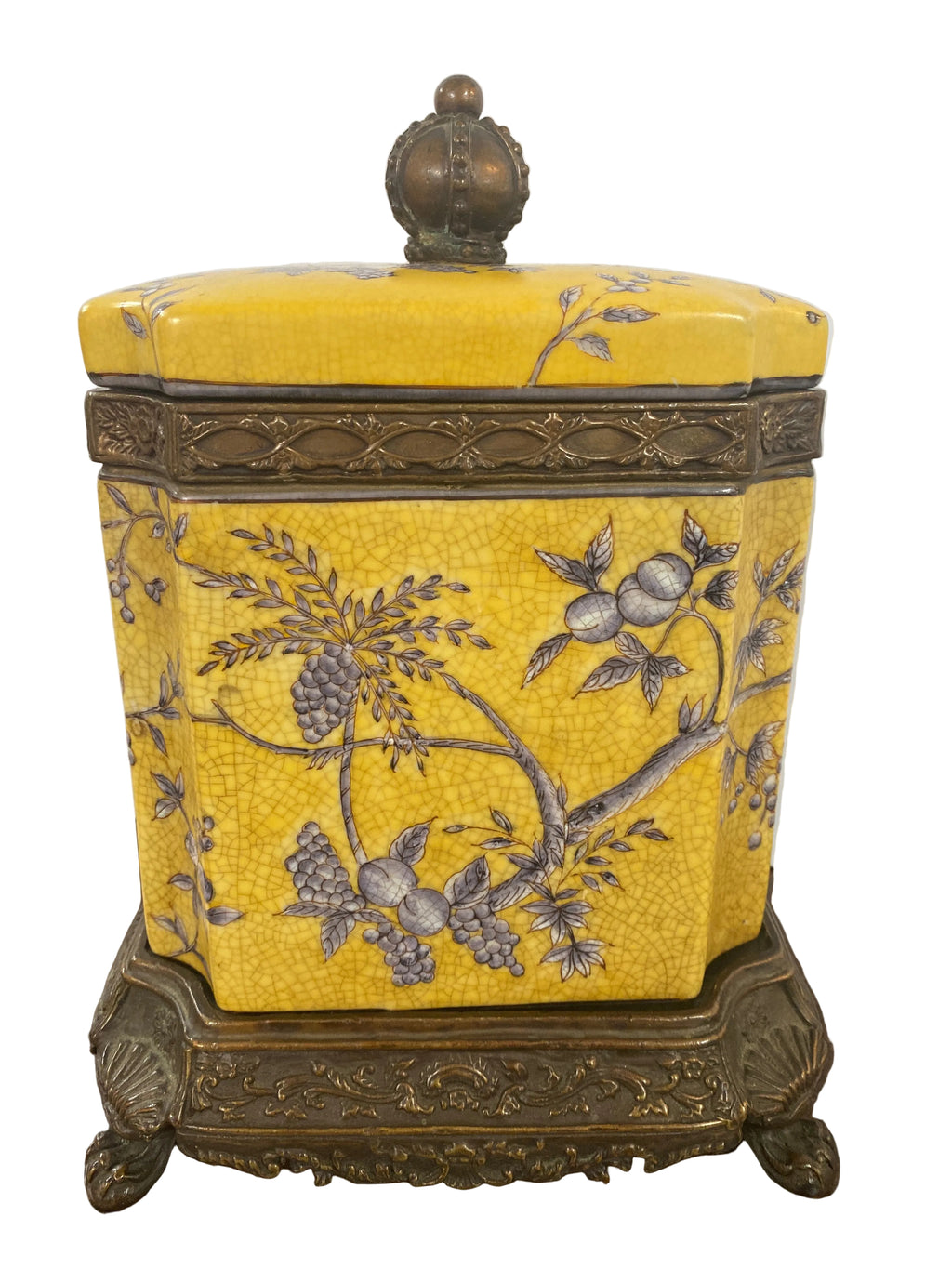Yellow Blue Chinoiserie AsianJar with Lid Metal Base Finial